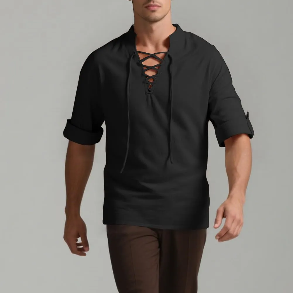 BSBUY Camicia Medievale Rinascimentale da Uomo in Cotone, Stile Pirata Gotico con Lacci, Nero - immagine 7