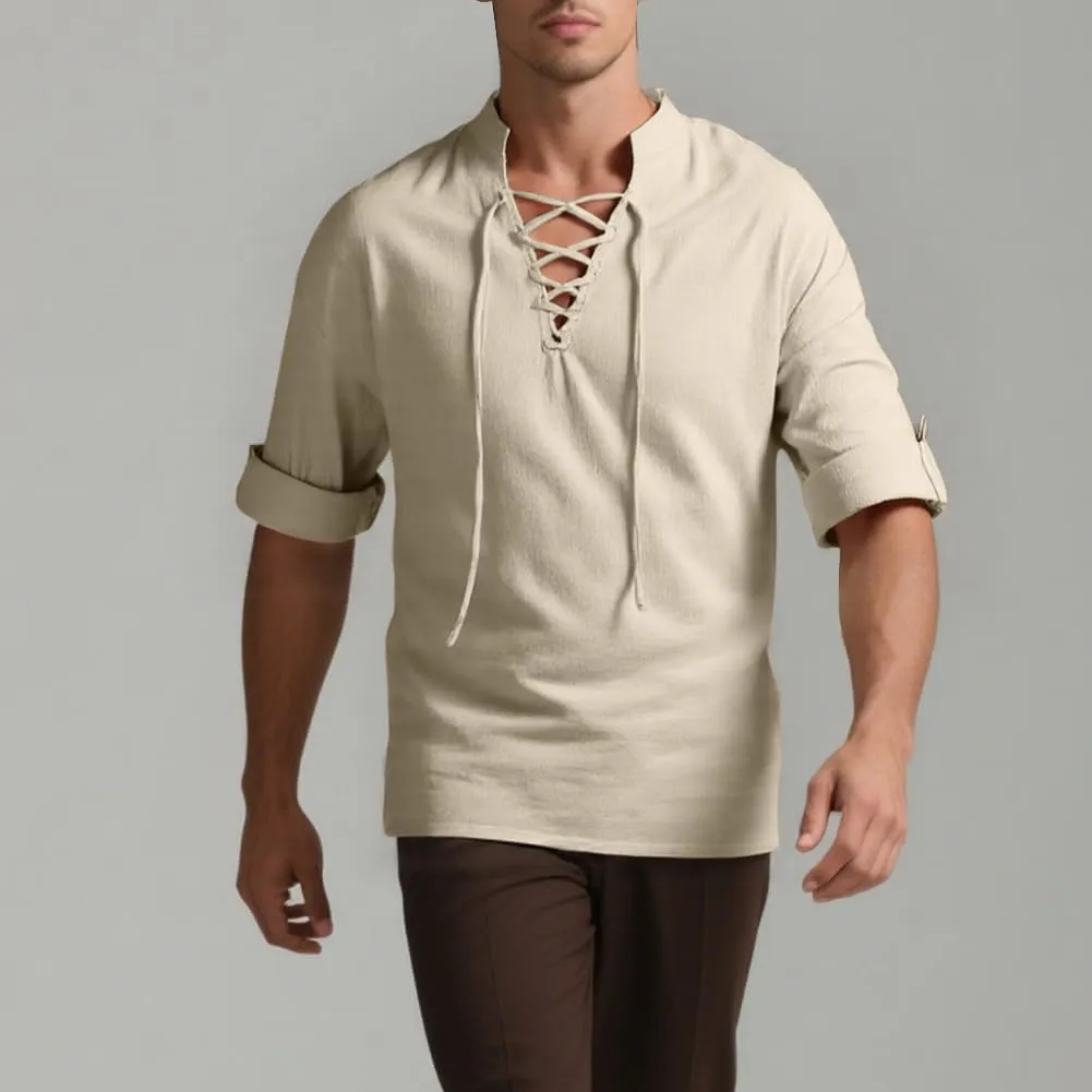 BSBUY Costume Medievale Uomo Camicia Rinascimentale Vintage in Cotone Stile Pirata Gotico con Lacci - immagine 7