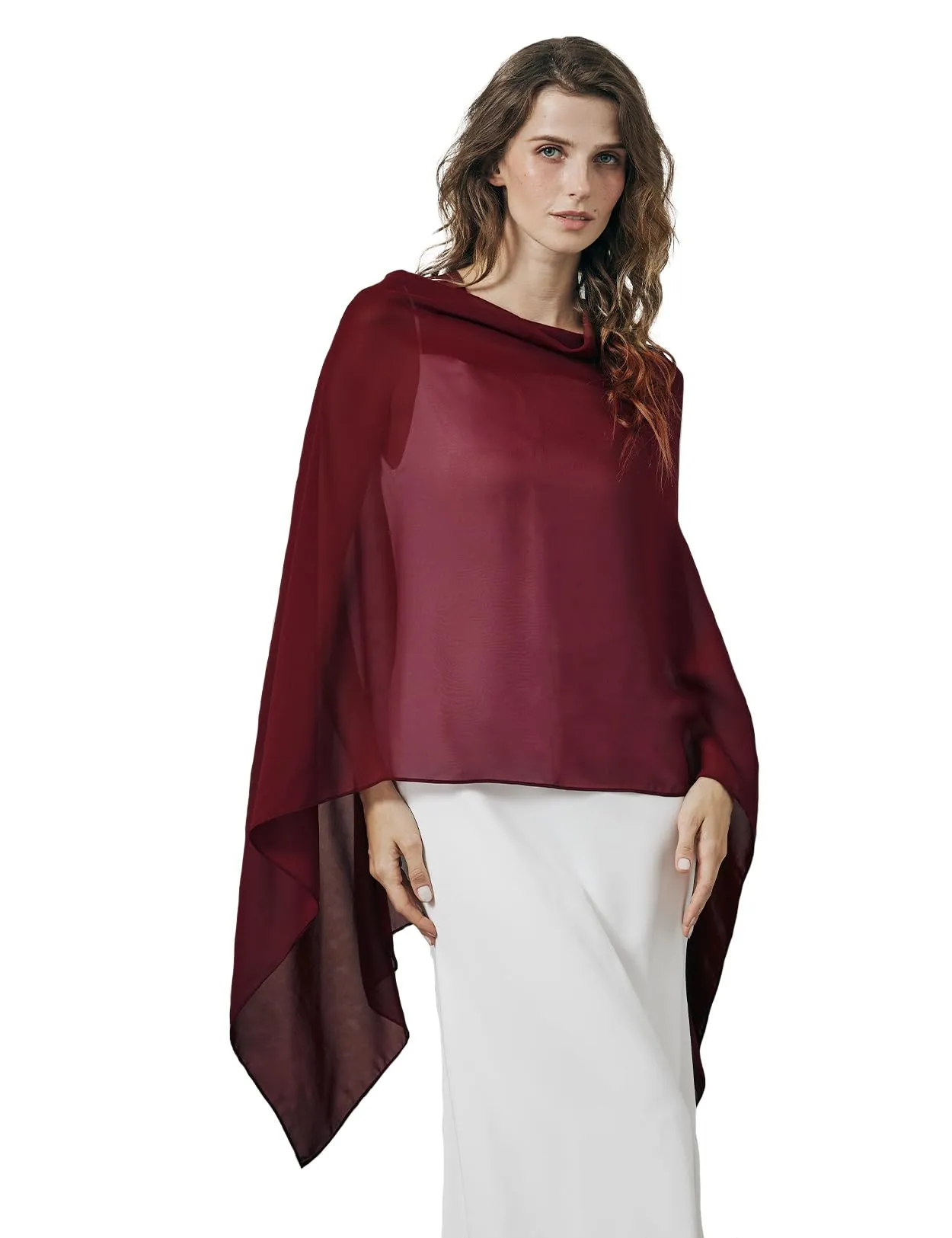 BEAUTELICATE Scialle Elegante Donna Poncho Coprispalle in Chiffon, Borgogna - immagine 1