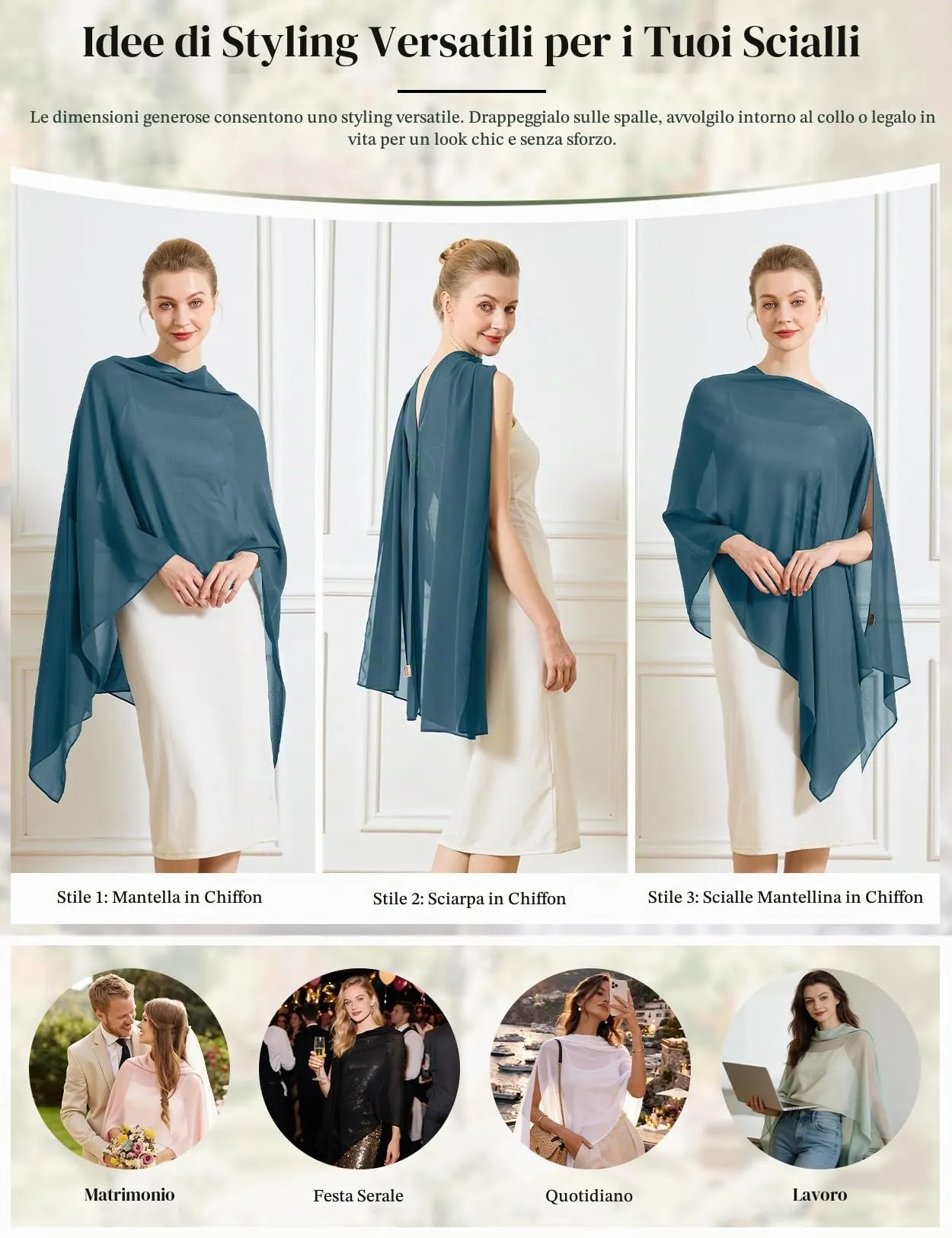 BEAUTELICATE Scialle Elegante Donna Poncho Coprispalle in Chiffon, Blu Inchiostro - immagine 2
