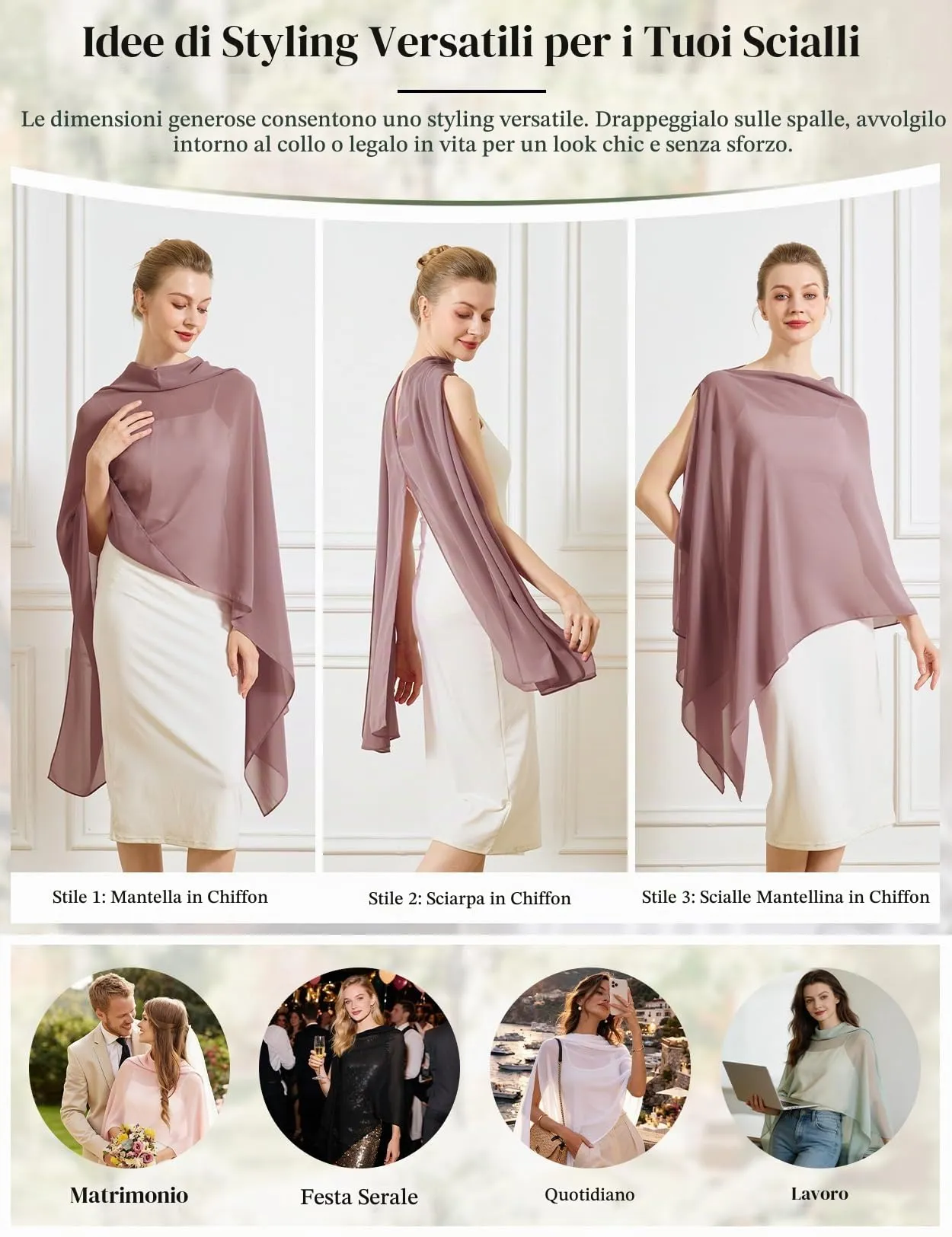 BEAUTELICATE Scialle Elegante Donna Poncho Coprispalle in Chiffon, Rosa Cannella - immagine 2