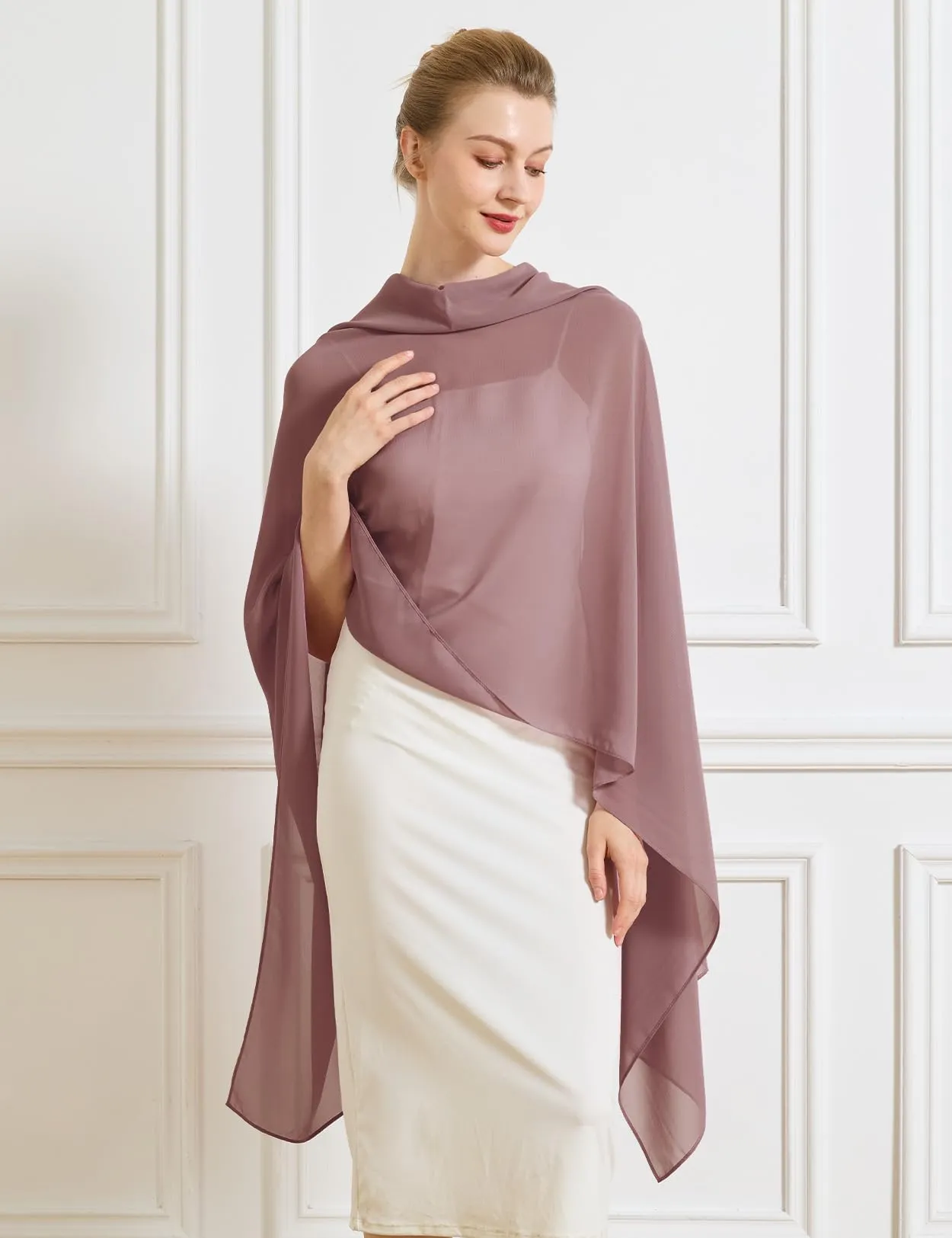 BEAUTELICATE Scialle Elegante Donna Poncho Coprispalle in Chiffon, Rosa Cannella - immagine 3