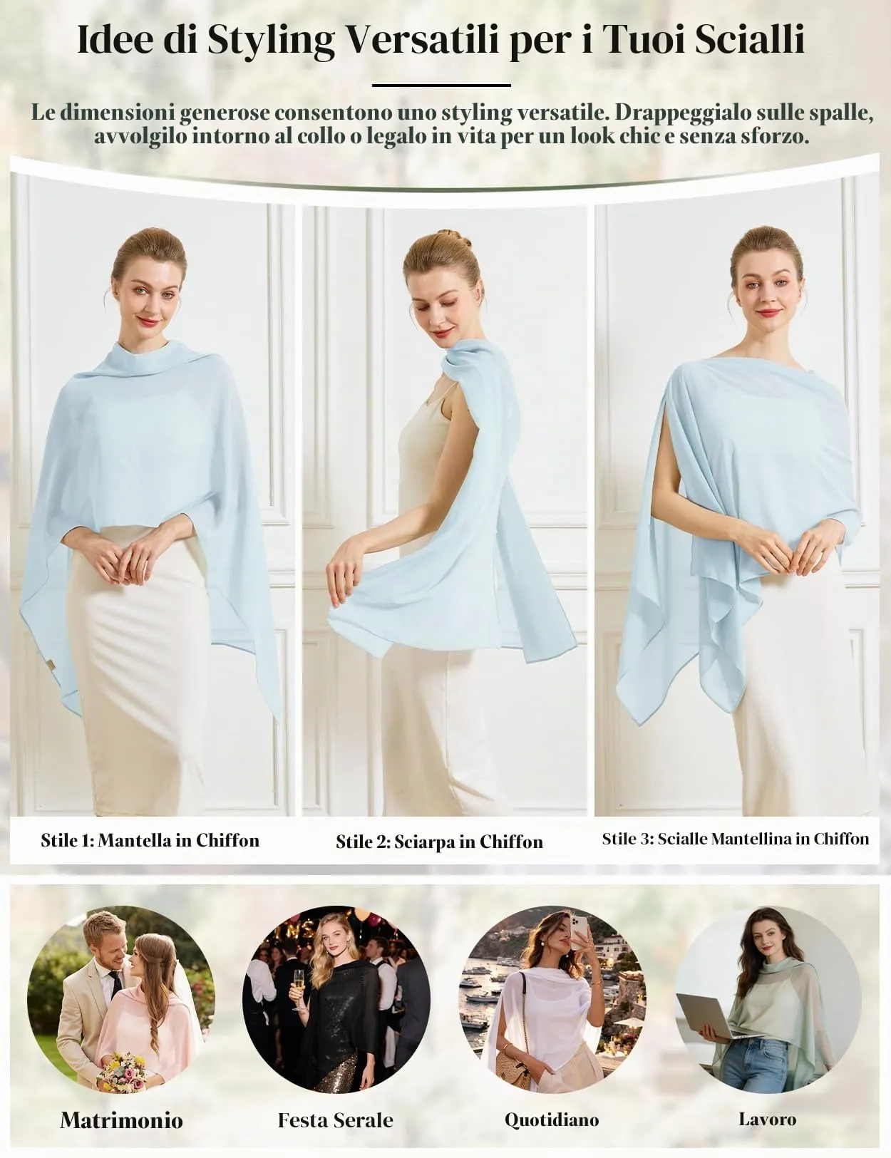 BEAUTELICATE Scialle Elegante Donna Poncho Coprispalle in Chiffon, Azzurro - immagine 2
