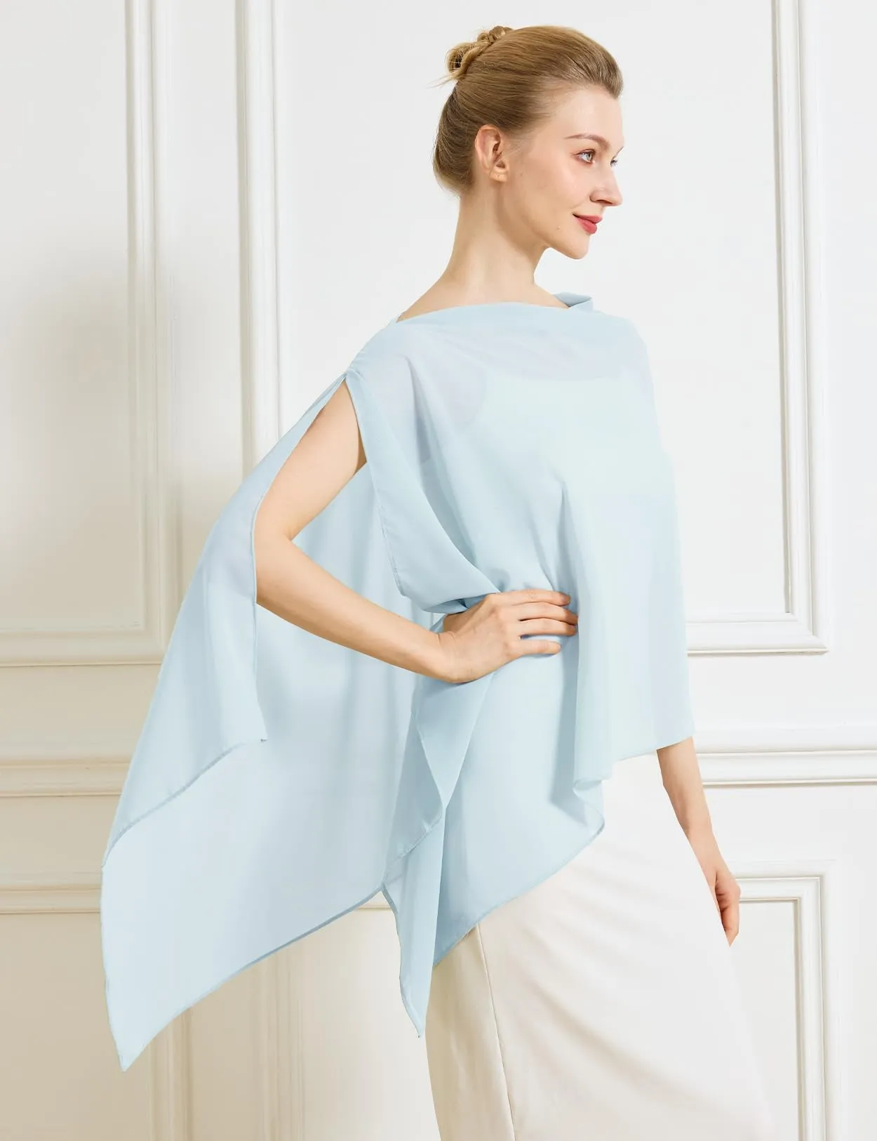 BEAUTELICATE Scialle Elegante Donna Poncho Coprispalle in Chiffon, Azzurro - immagine 3