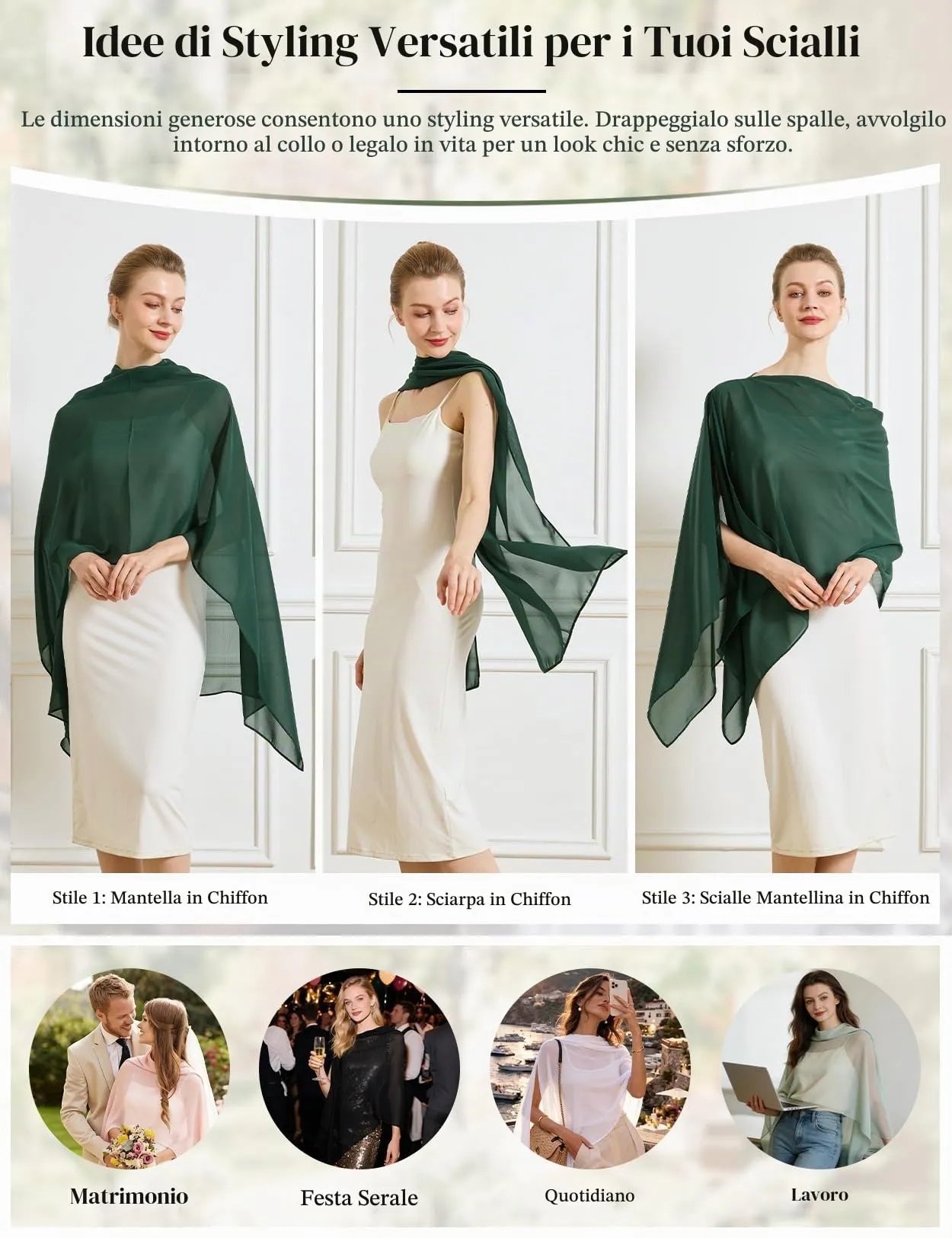 BEAUTELICATE Scialle Elegante Donna Poncho Coprispalle in Chiffon, Verde Cacciatore - immagine 2