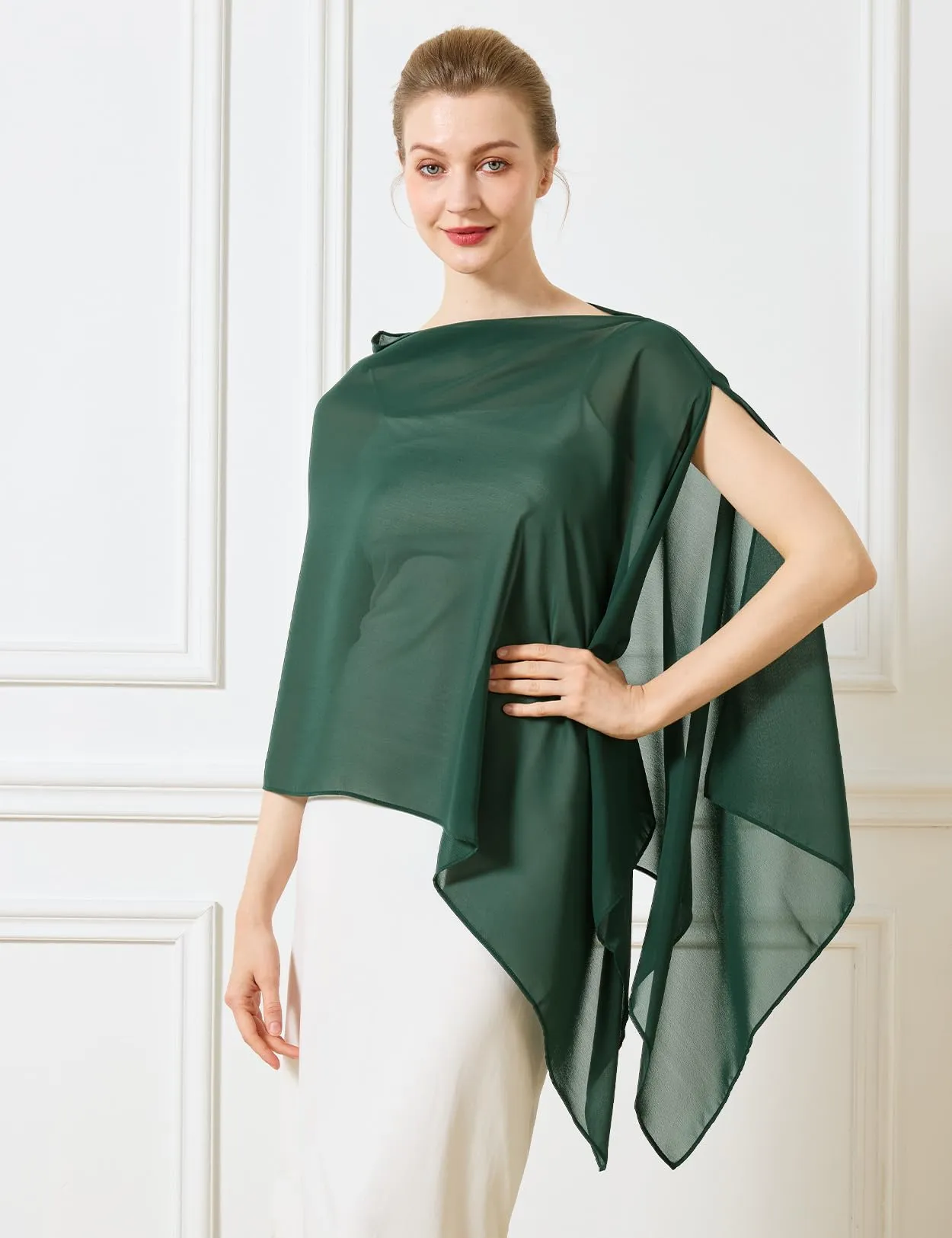 BEAUTELICATE Scialle Elegante Donna Poncho Coprispalle in Chiffon, Verde Cacciatore - immagine 3
