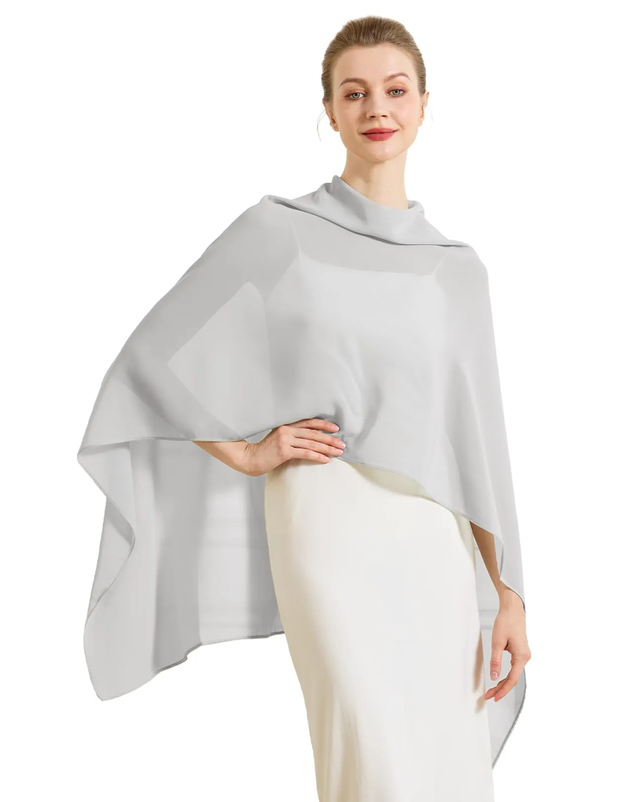 BEAUTELICATE Scialle Elegante Donna Poncho Coprispalle in Chiffon, Argento - immagine 1