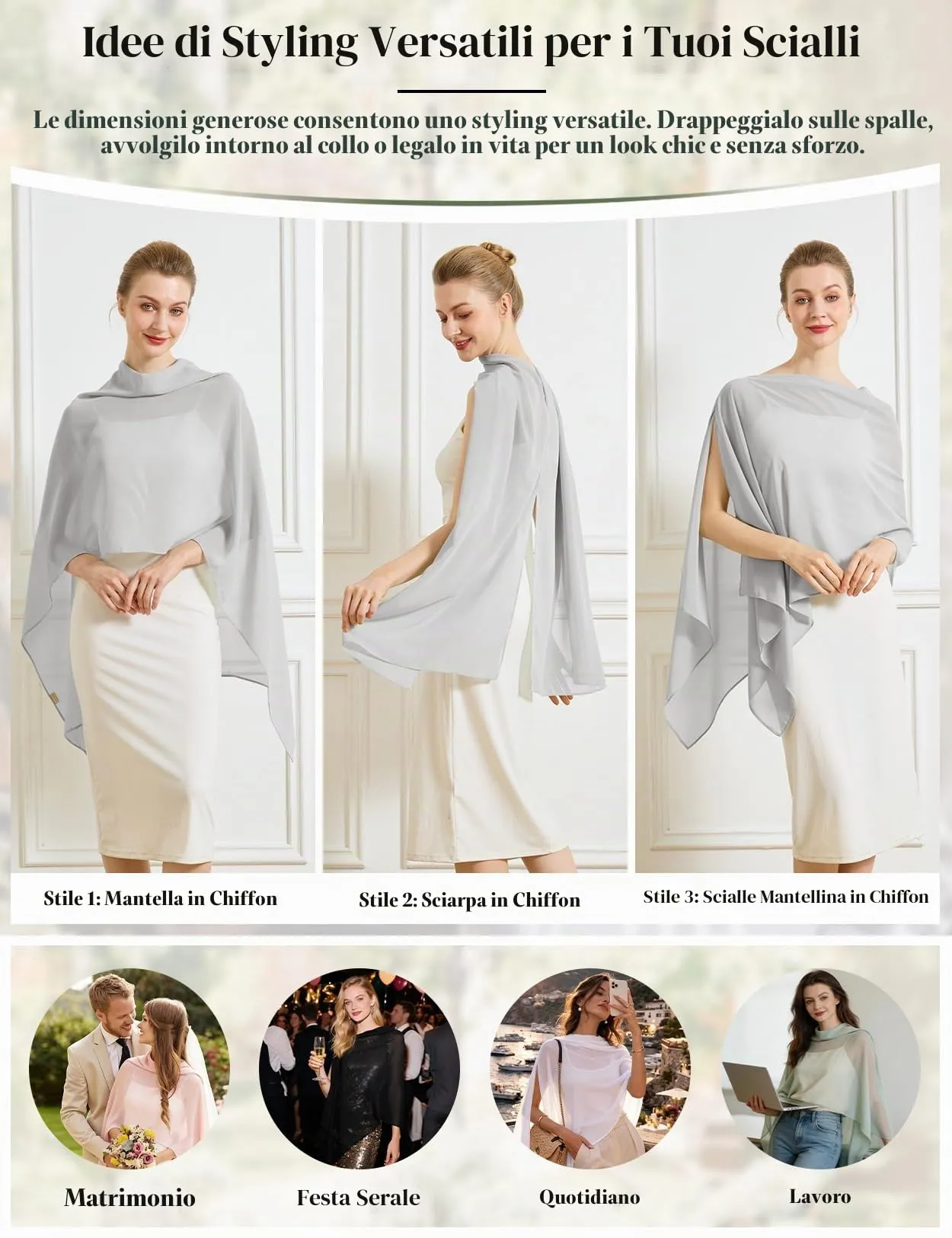 BEAUTELICATE Scialle Elegante Donna Poncho Coprispalle in Chiffon, Argento - immagine 2