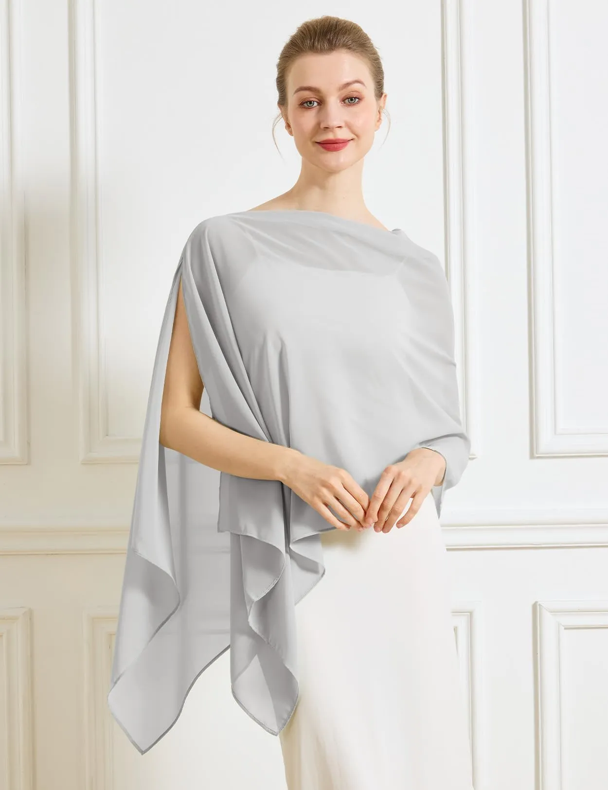 BEAUTELICATE Scialle Elegante Donna Poncho Coprispalle in Chiffon, Argento - immagine 3