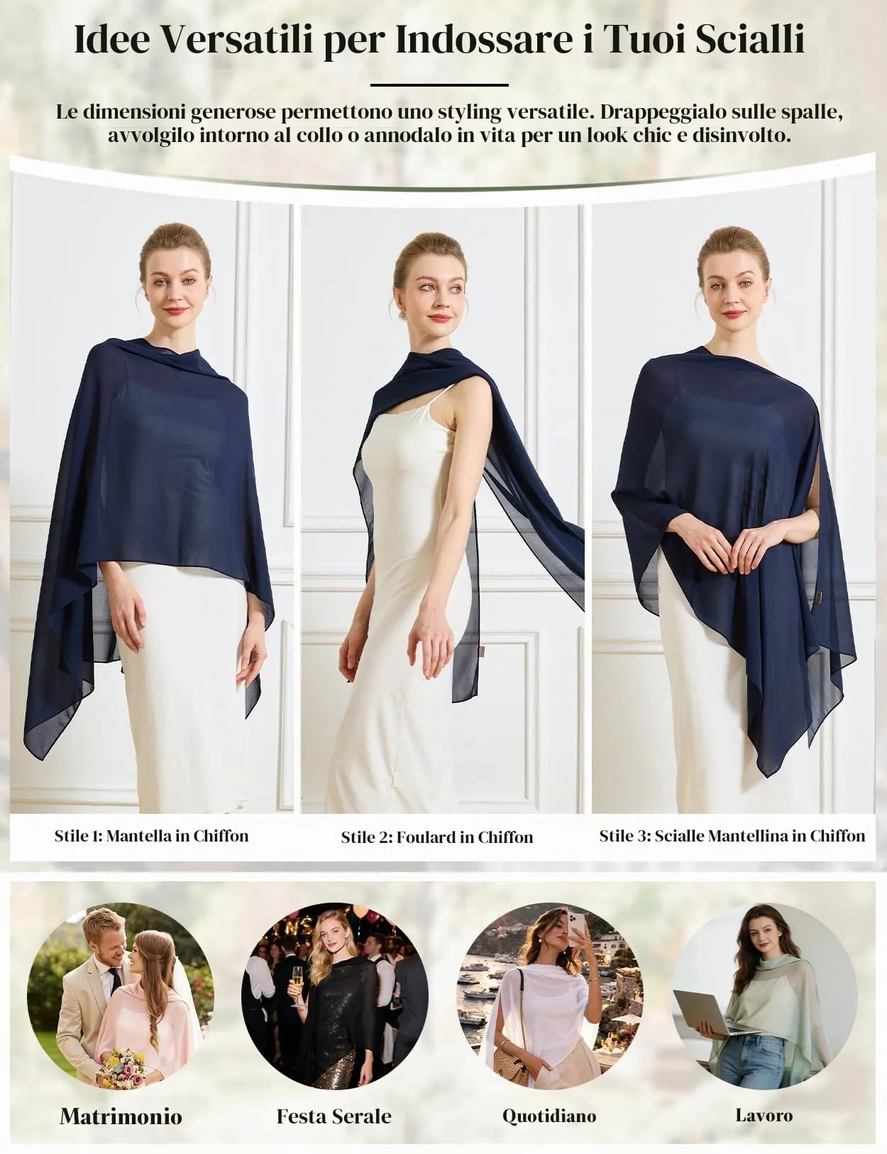 BEAUTELICATE Scialle Elegante Donna Poncho Coprispalle in Chiffon, Blu Marino - immagine 2