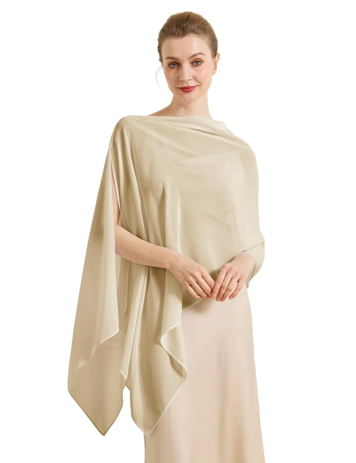 BEAUTELICATE Scialle Elegante Donna Poncho Coprispalle in Chiffon, Champagne - immagine 1