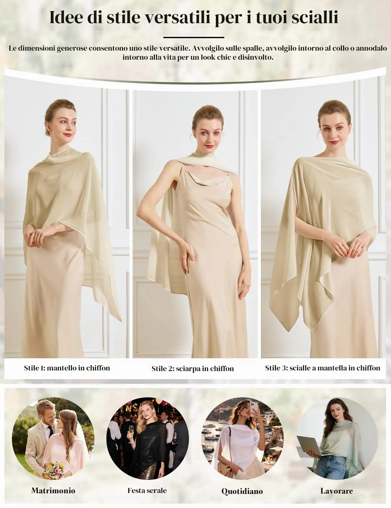 BEAUTELICATE Scialle Elegante Donna Poncho Coprispalle in Chiffon, Champagne - immagine 2