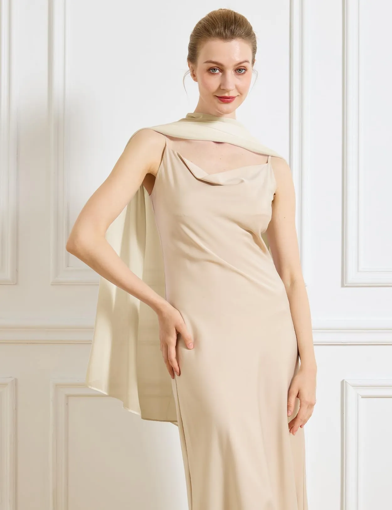 BEAUTELICATE Scialle Elegante Donna Poncho Coprispalle in Chiffon, Champagne - immagine 5