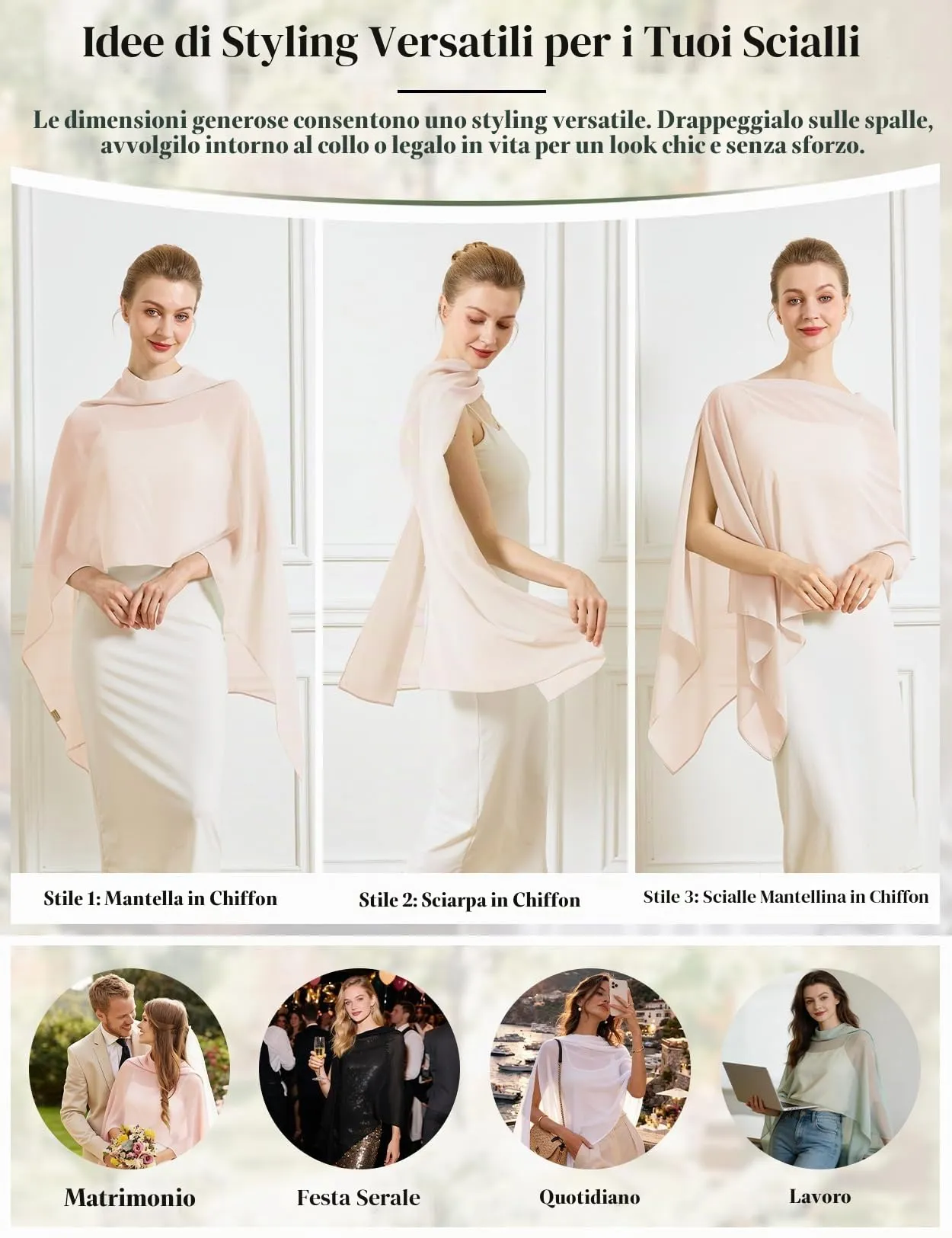 BEAUTELICATE Scialle Elegante Donna Poncho Coprispalle in Chiffon, Pesca - immagine 2