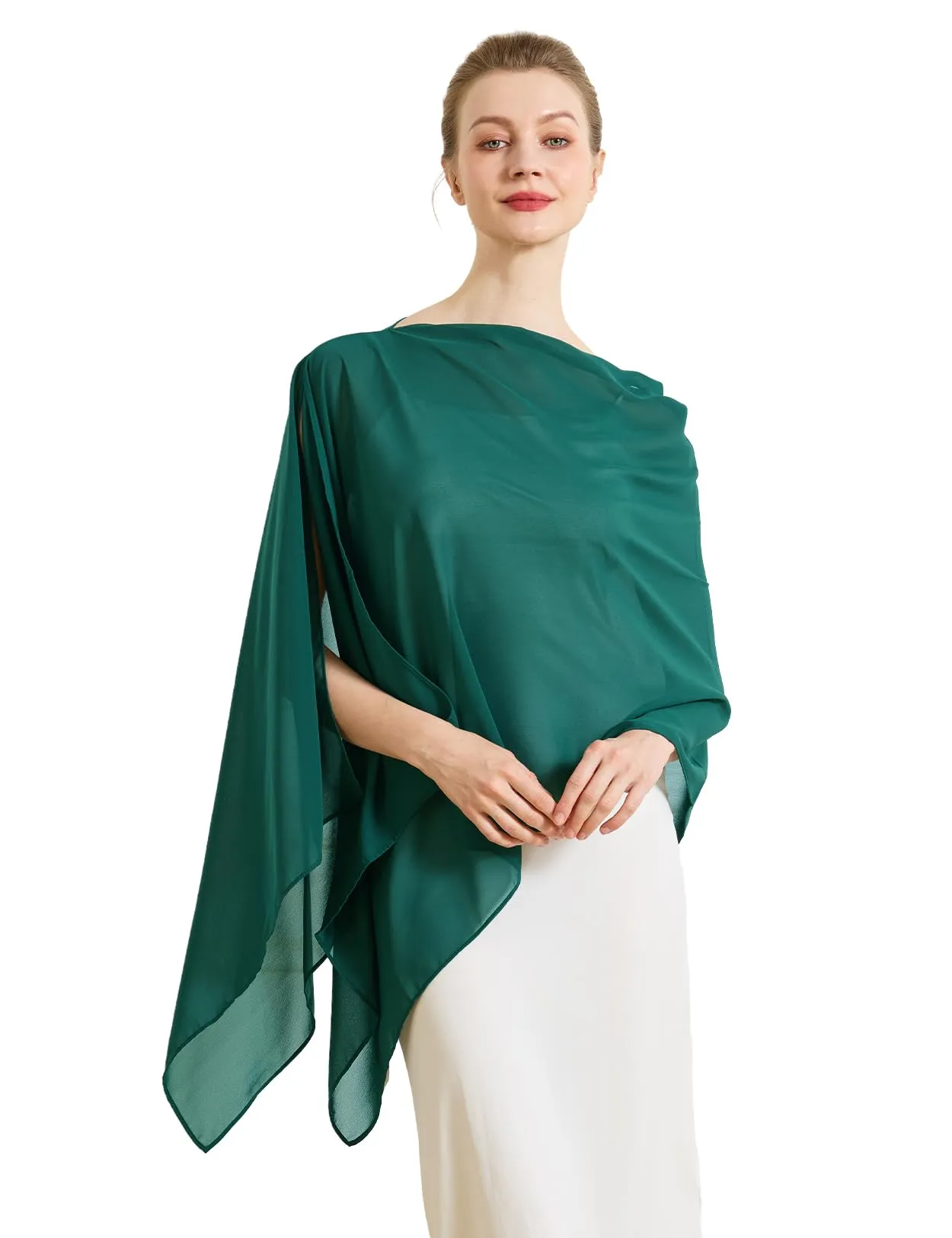 BEAUTELICATE Scialle Elegante Donna Poncho Coprispalle in Chiffon, Verde Smeraldo - immagine 1