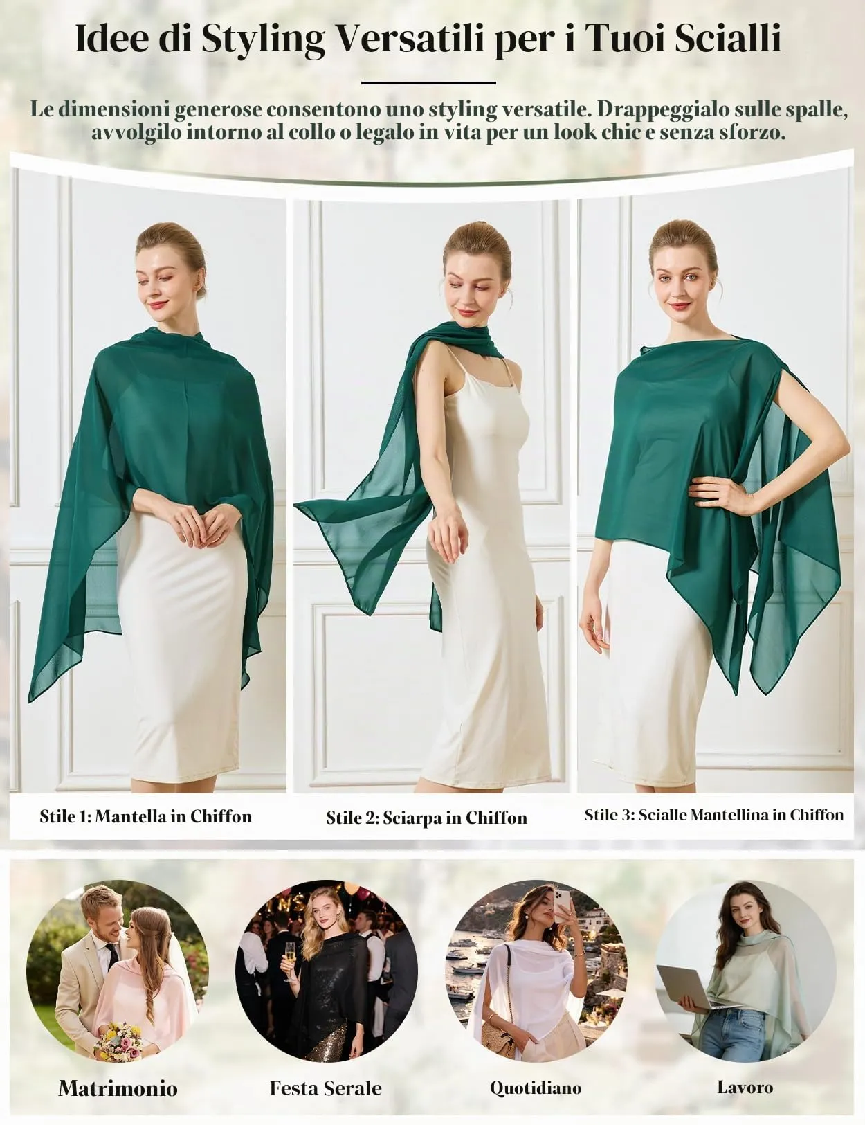 BEAUTELICATE Scialle Elegante Donna Poncho Coprispalle in Chiffon, Verde Smeraldo - immagine 2