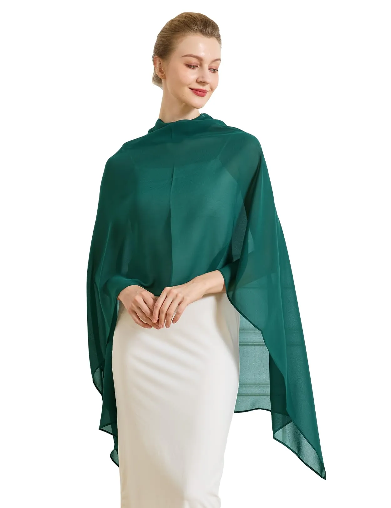 BEAUTELICATE Scialle Elegante Donna Poncho Coprispalle in Chiffon, Verde Smeraldo - immagine 3