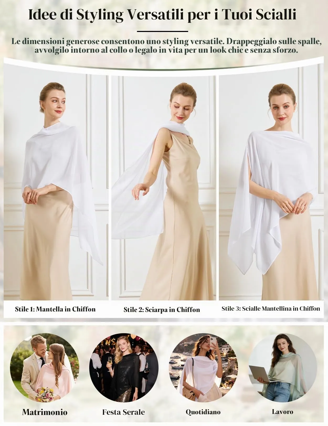 BEAUTELICATE Scialle Elegante Donna Poncho Coprispalle in Chiffon, Bianco - immagine 2
