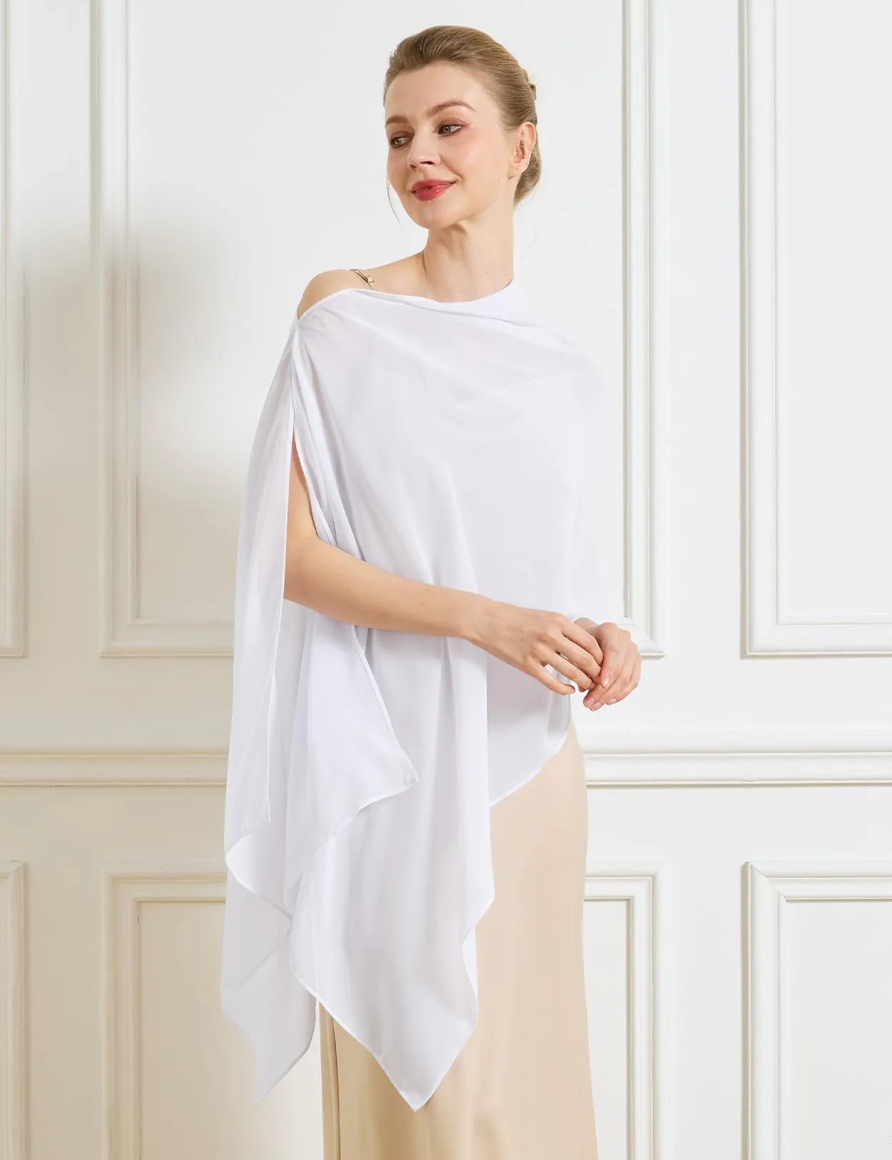 BEAUTELICATE Scialle Elegante Donna Poncho Coprispalle in Chiffon, Bianco - immagine 3