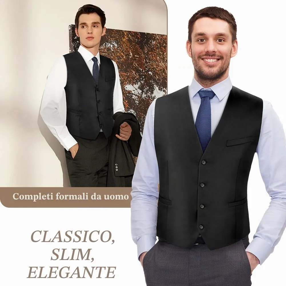BSBUY Gilet da Abito da Uomo Nero, Formale Slim Fit con Scollo a V e Tasche - immagine 4