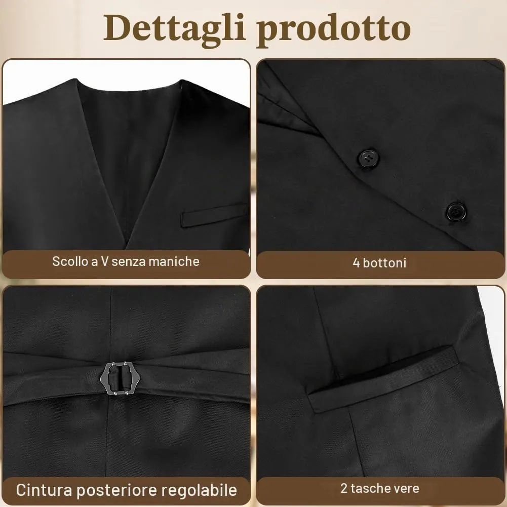 BSBUY Gilet da Abito da Uomo Nero, Classico Formale con Scollo a V e Tasche - immagine 5