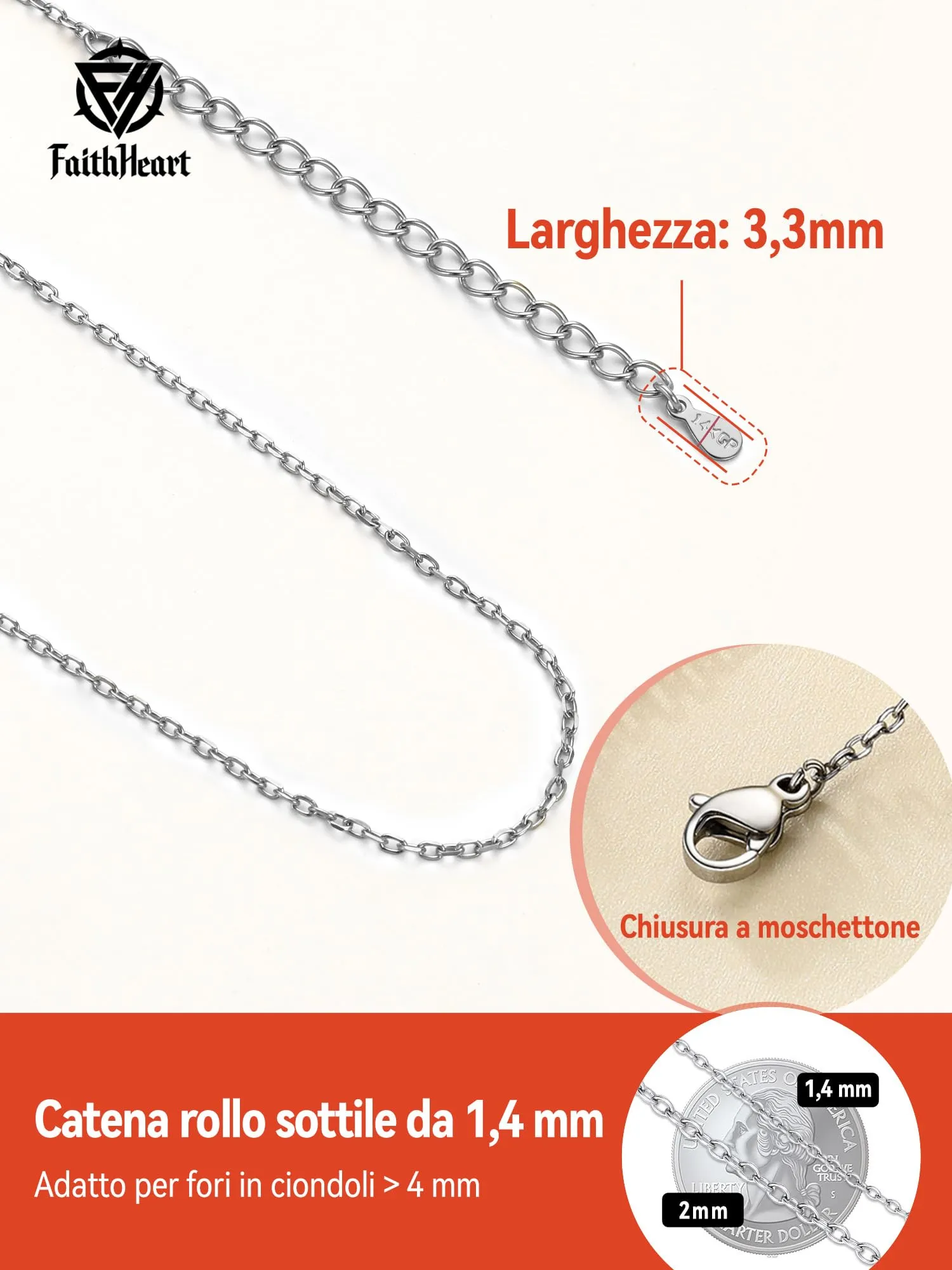 FaithHeart Collana Sottile in Acciaio Inossidabile 1.4mm Argento 40cm - immagine 3