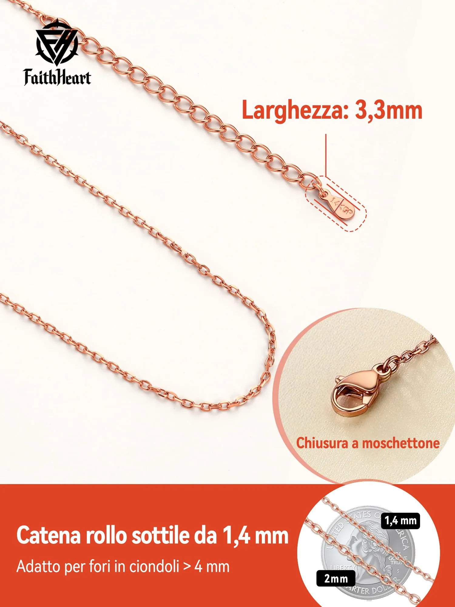FaithHeart Collana in Acciaio Inossidabile Oro Rosa, 1.4mm, 60cm - immagine 5