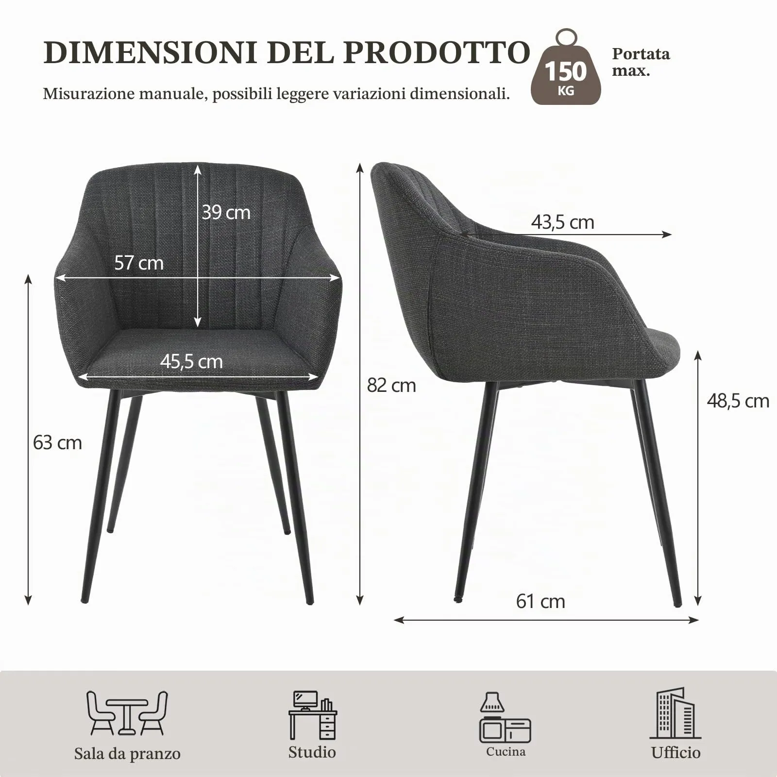 Goeurvant Set di 2 Sedie da Pranzo con Braccioli in Lino, Grigio Antracite - immagine 2