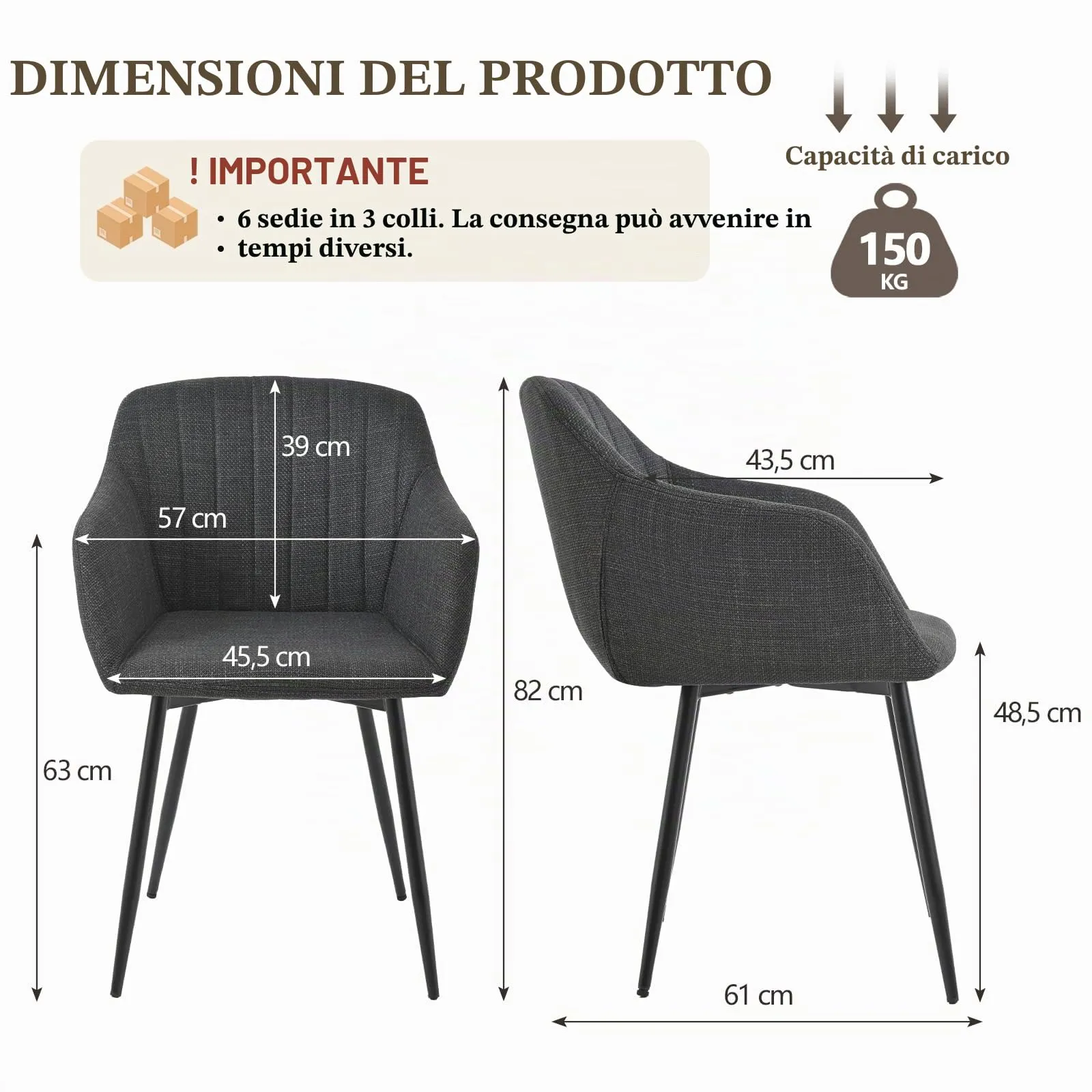 Goeurvant Set di 6 Sedie da Pranzo con Braccioli in Lino, Grigio Antracite - immagine 2