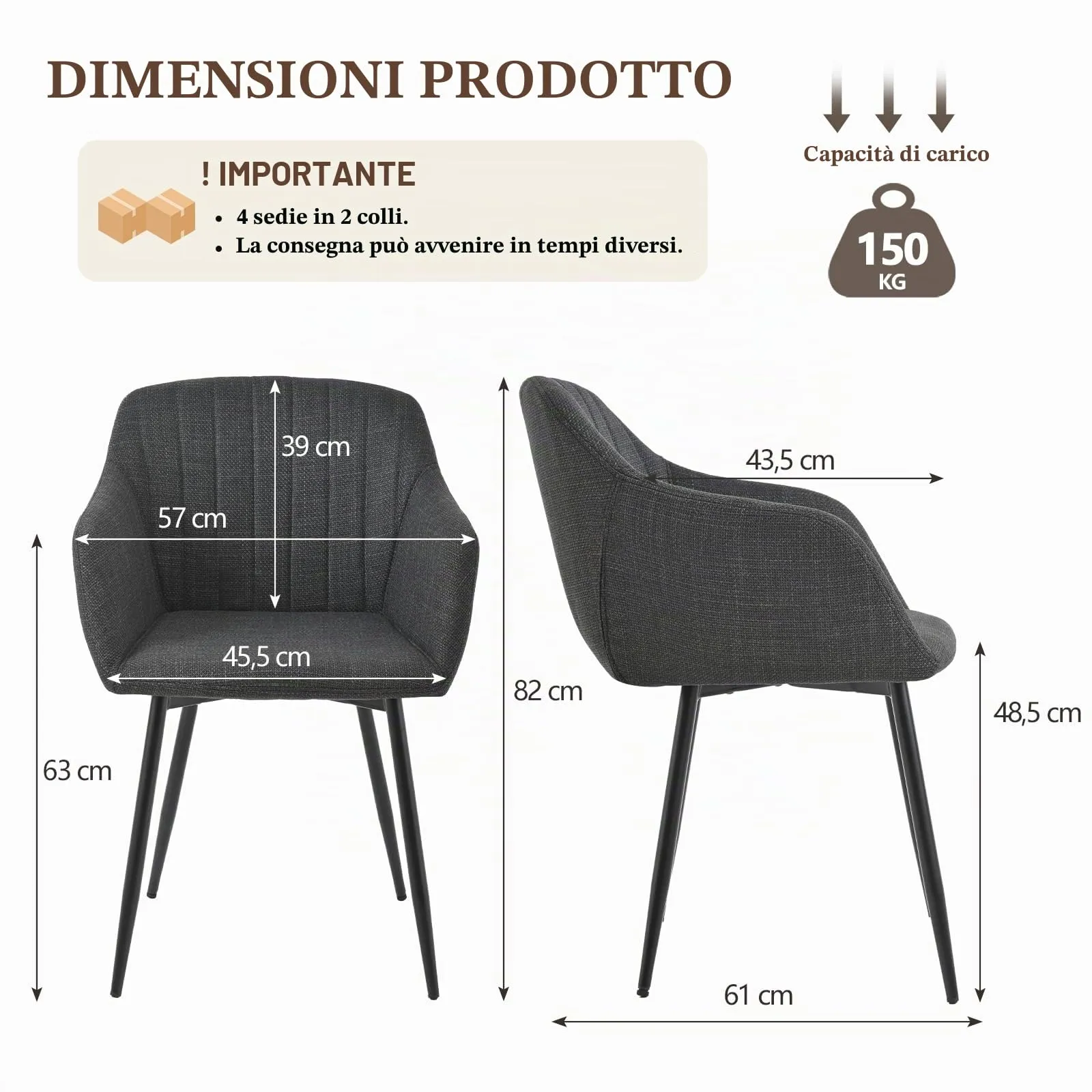 Goeurvant Set di 4 Sedie da Pranzo con Braccioli in Lino, Grigio antracite - immagine 2