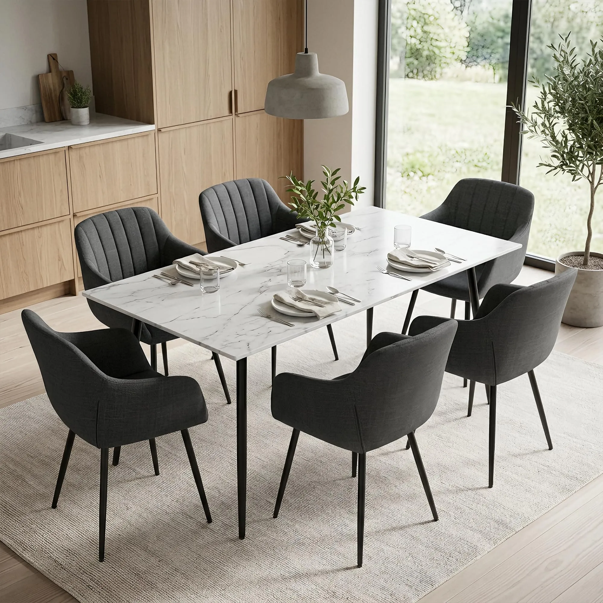 Goeurvant Set di 4 Sedie da Pranzo con Braccioli in Lino, Grigio antracite - immagine 5