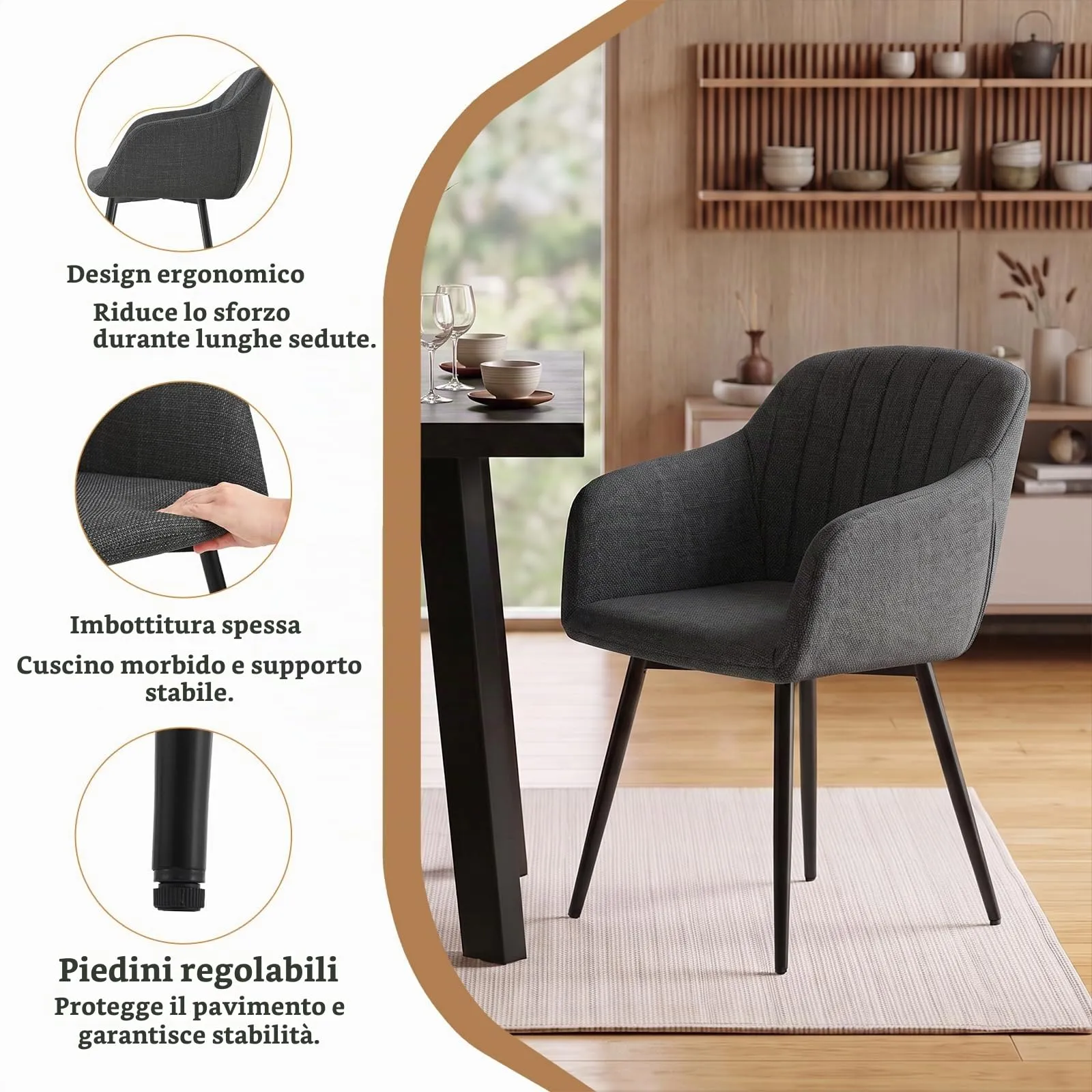 Goeurvant Set di 4 Sedie da Pranzo con Braccioli in Lino, Grigio antracite - immagine 6