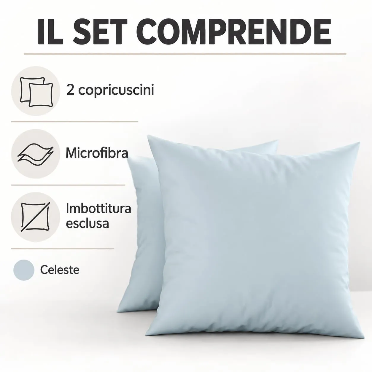 PETTI Artigiani Italiani - Coppia di Federe Cuscino 80x80 cm in Microfibra, Celeste, Set di 2 - immagine 5