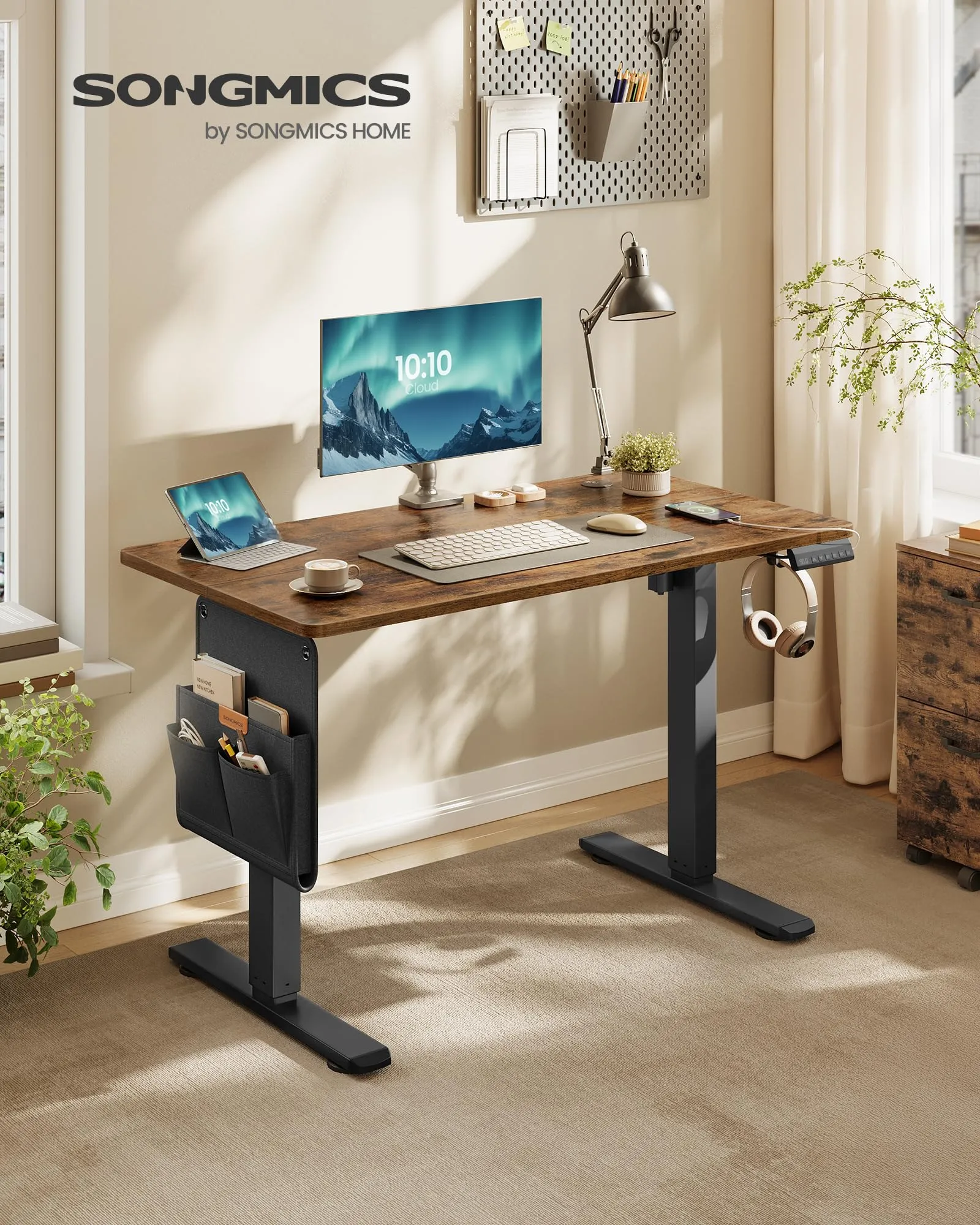 SONGMICS Scrivania Regolabile in Altezza Elettrica, 100 x 60 cm, Memoria per 4 Altezze, Porta USB-C, Marrone Vintage LSD130KD01 - immagine 2