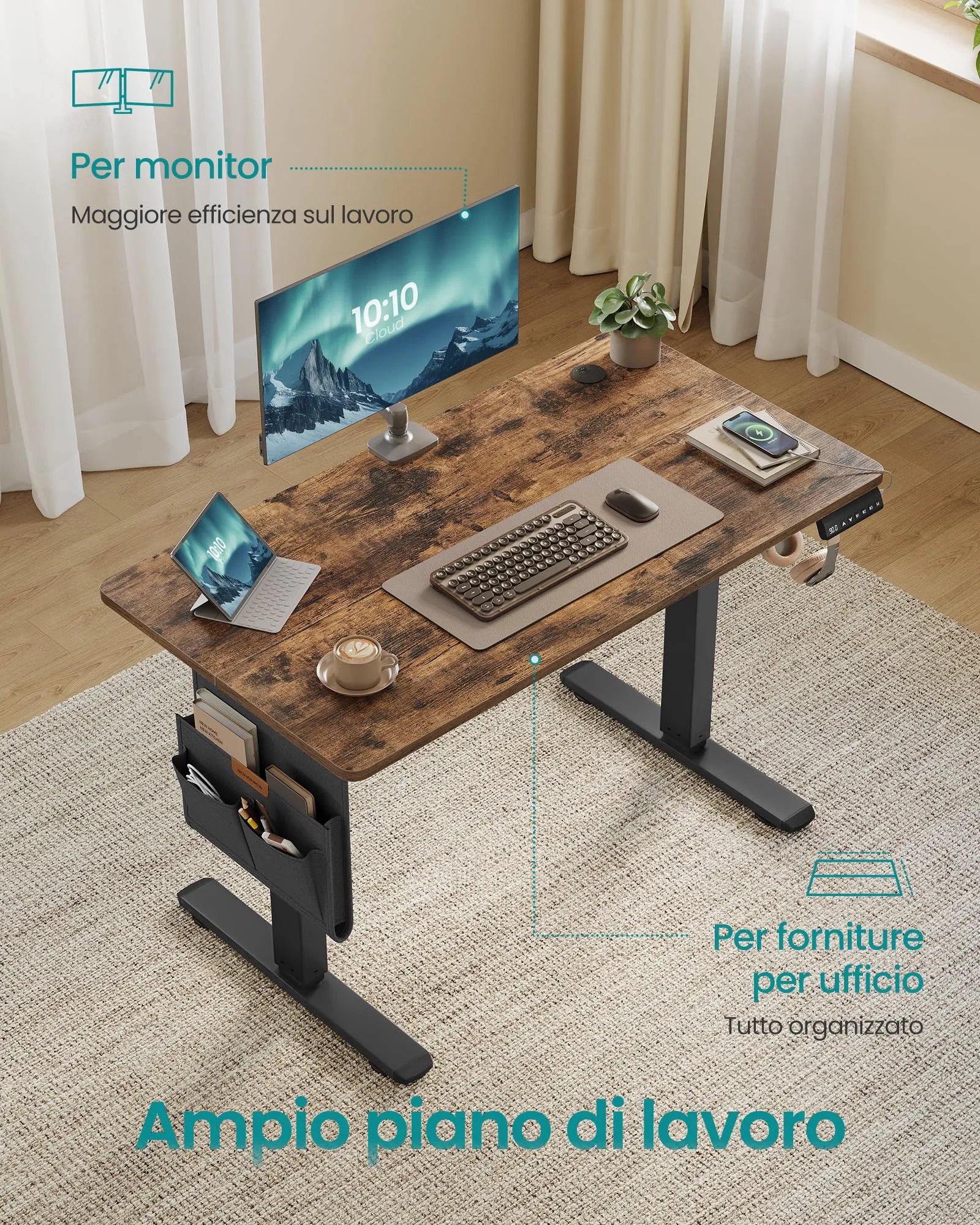 SONGMICS Scrivania Regolabile in Altezza Elettrica, 100 x 60 cm, Memoria per 4 Altezze, Porta USB-C, Marrone Vintage LSD130KD01 - immagine 5