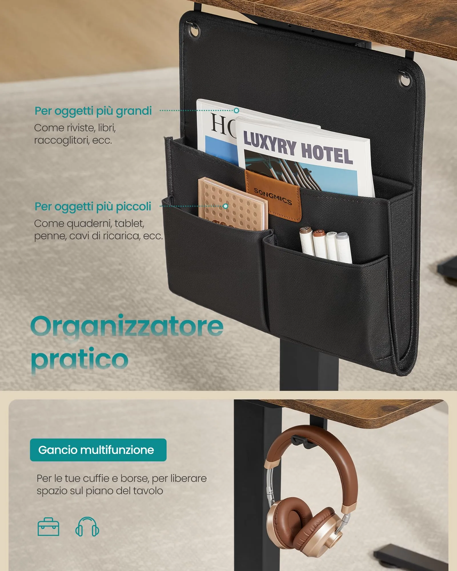 SONGMICS Scrivania Regolabile in Altezza Elettrica, 100 x 60 cm, Memoria per 4 Altezze, Porta USB-C, Marrone Vintage LSD130KD01 - immagine 6