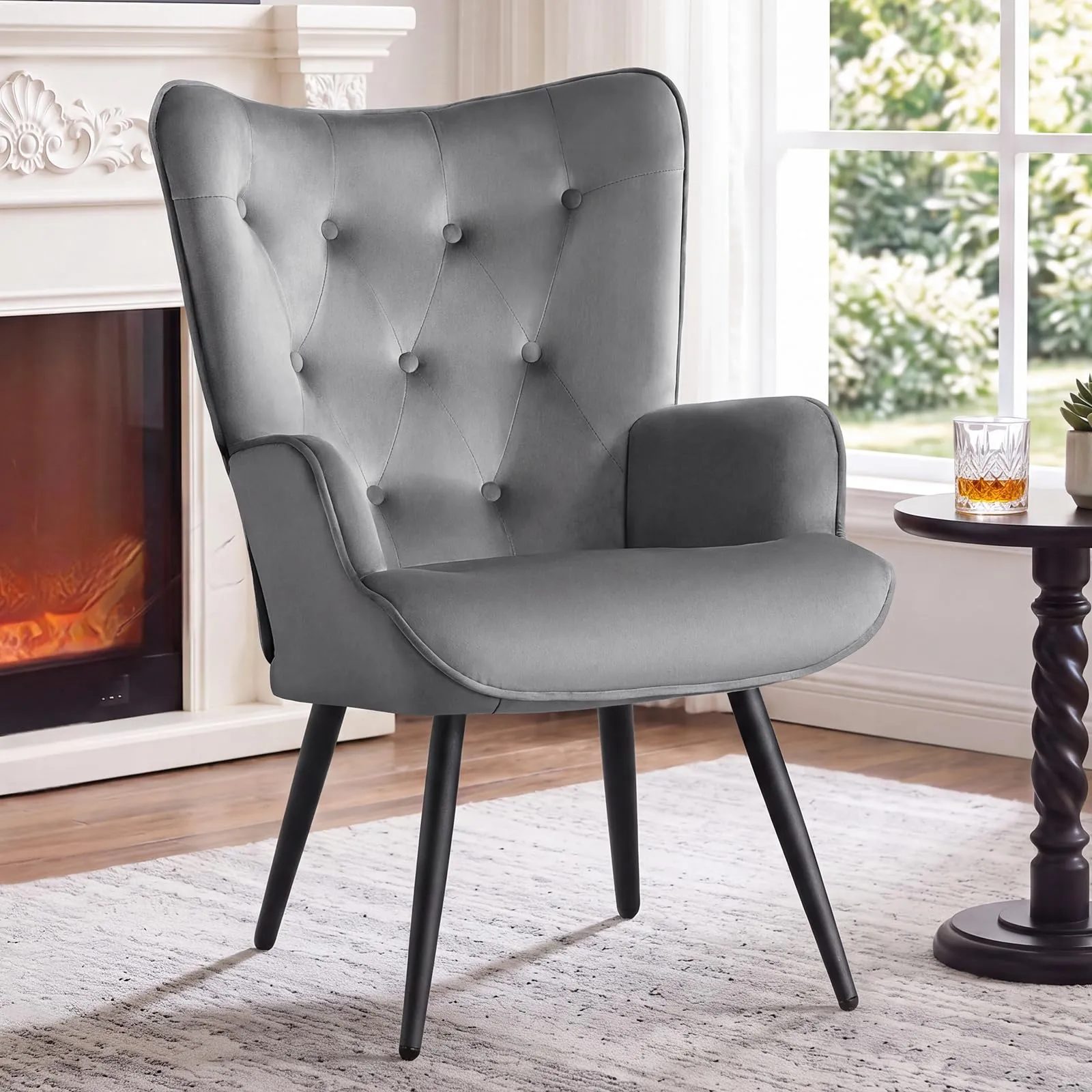 Ckaff Poltrona Salotto Imbottita Scandinava in Velluto con Braccioli e Schienale Alto, Grigio - immagine 1