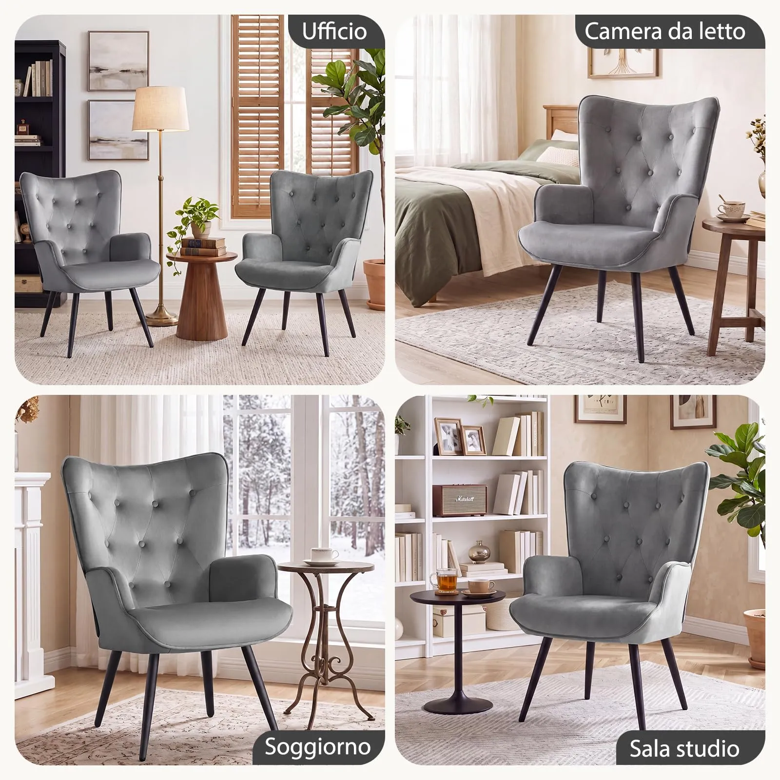 Ckaff Poltrona Salotto Imbottita Scandinava in Velluto con Braccioli e Schienale Alto, Grigio - immagine 3