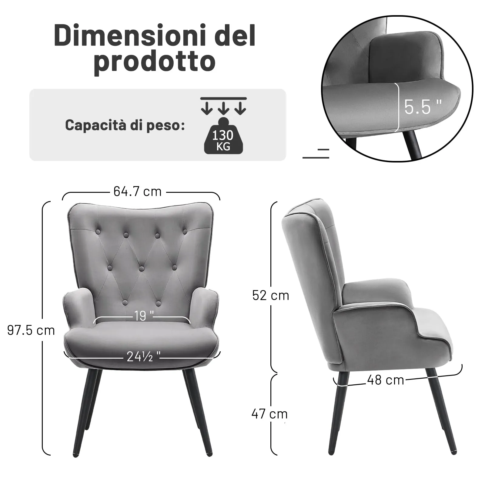 Ckaff Poltrona Salotto Imbottita Scandinava in Velluto con Braccioli e Schienale Alto, Grigio - immagine 7
