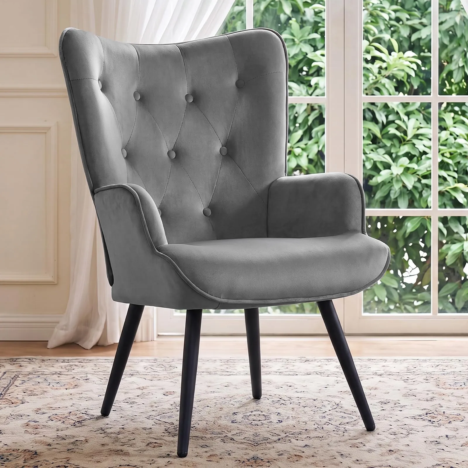 Ckaff Poltrona Salotto Imbottita Scandinava in Velluto con Braccioli e Schienale Alto, Grigio - immagine 8