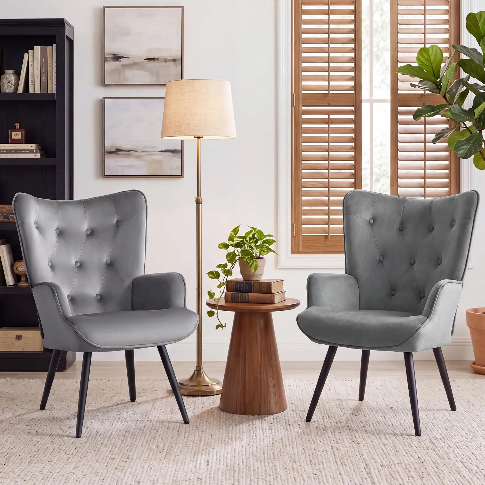Ckaff Set di 2 Poltrone Salotto in Velluto Scandinave con Braccioli e Schienale Alto, Grigio - immagine 1