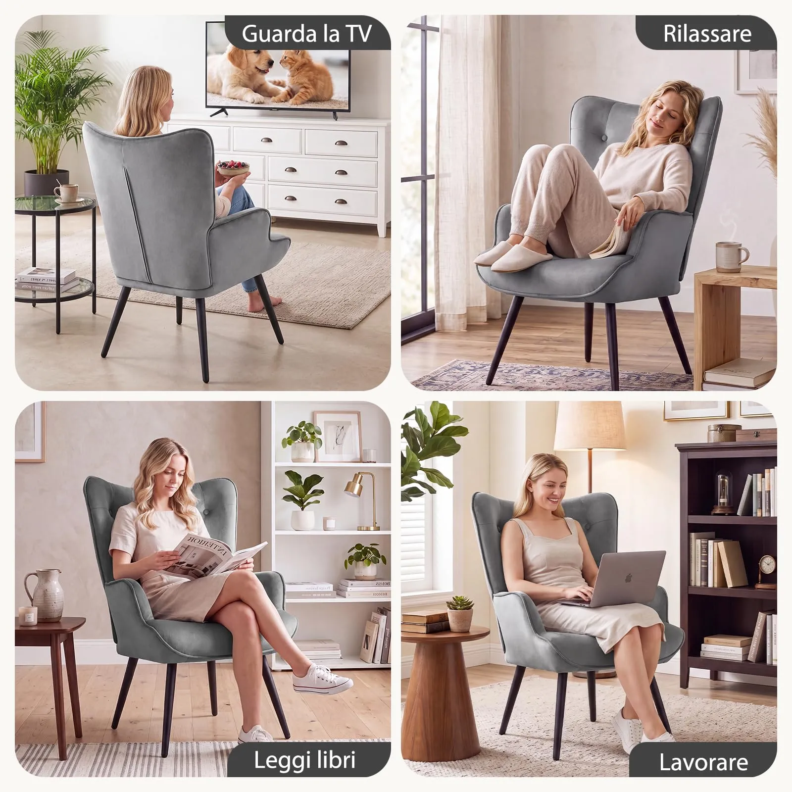 Ckaff Set di 2 Poltrone Salotto in Velluto Scandinave con Braccioli e Schienale Alto, Grigio - immagine 2