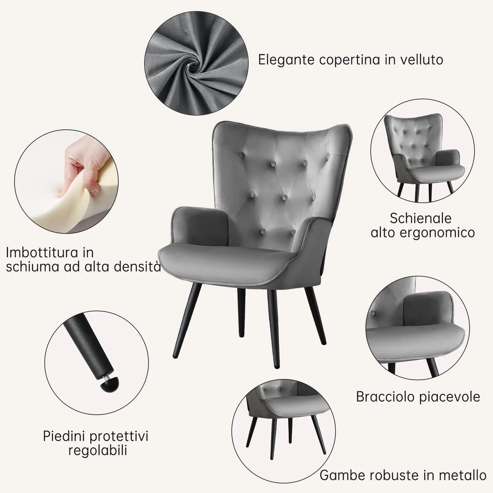 Ckaff Set di 2 Poltrone Salotto in Velluto Scandinave con Braccioli e Schienale Alto, Grigio - immagine 4