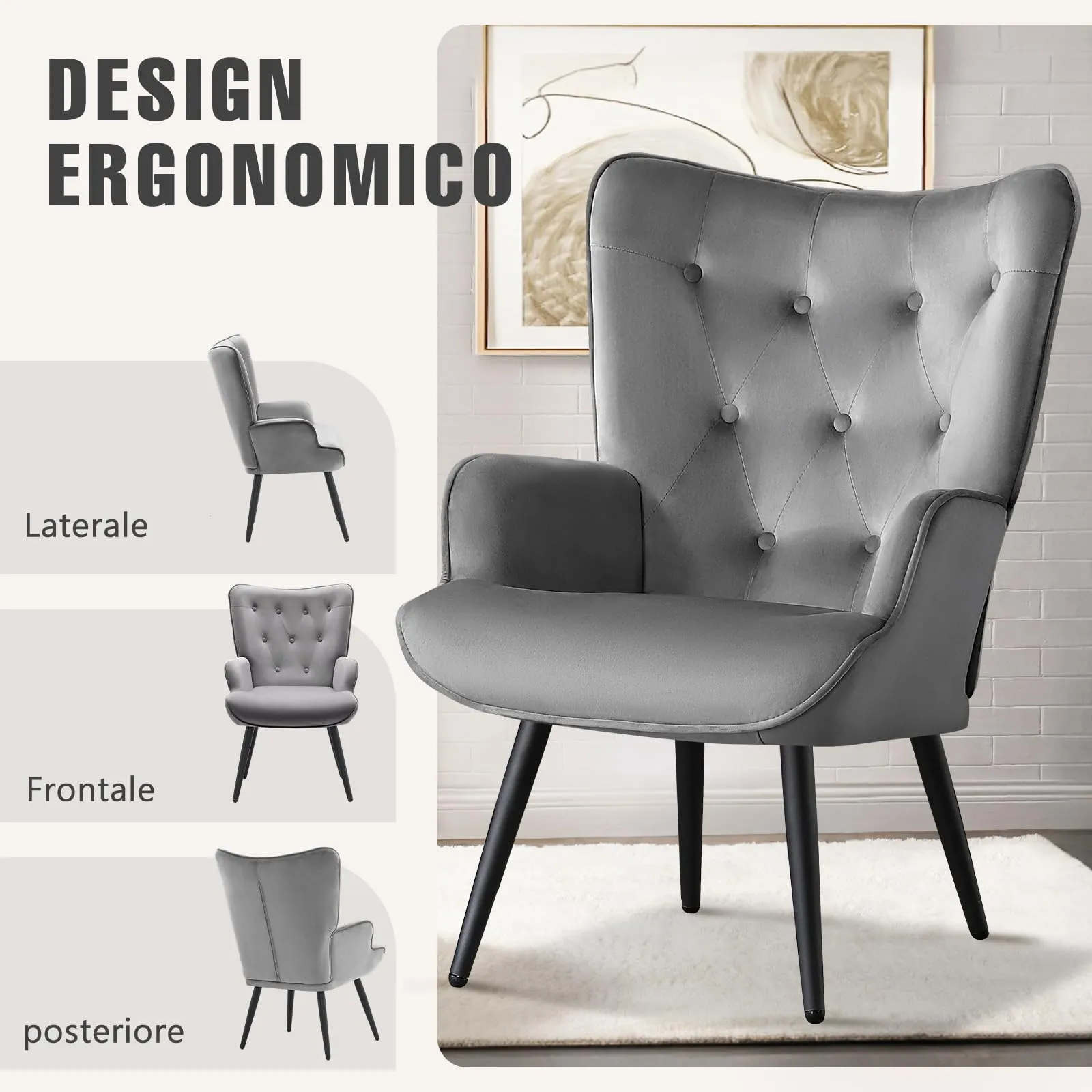 Ckaff Set di 2 Poltrone Salotto in Velluto Scandinave con Braccioli e Schienale Alto, Grigio - immagine 6