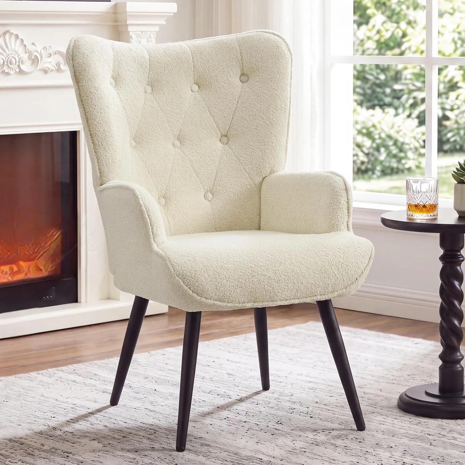 Ckaff Poltrona Salotto Imbottita Scandinava in Sherpa Bouclé con Braccioli e Schienale Alto, Bianco - immagine 1