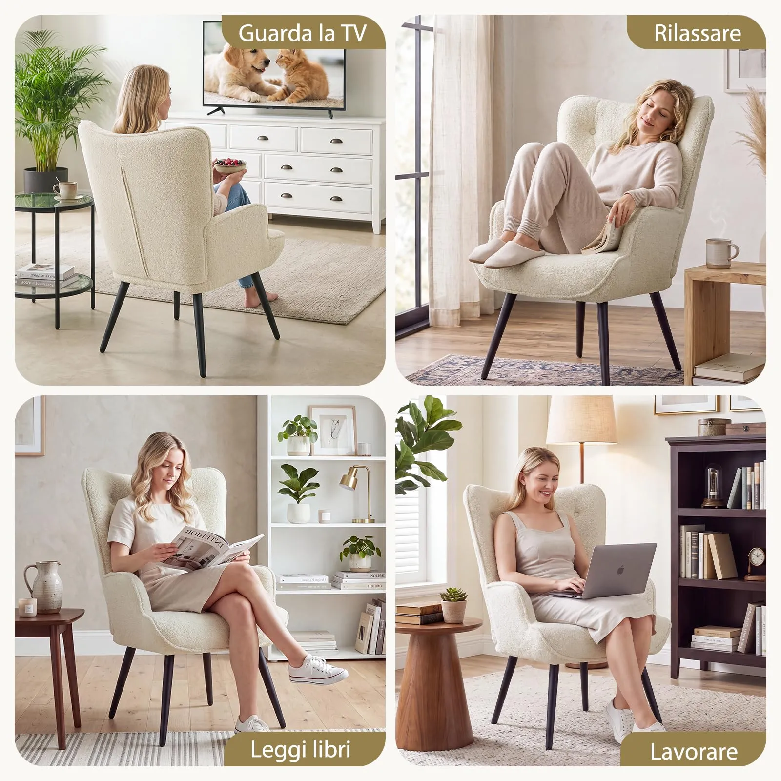 Ckaff Poltrona Salotto Imbottita Scandinava in Sherpa Bouclé con Braccioli e Schienale Alto, Bianco - immagine 2