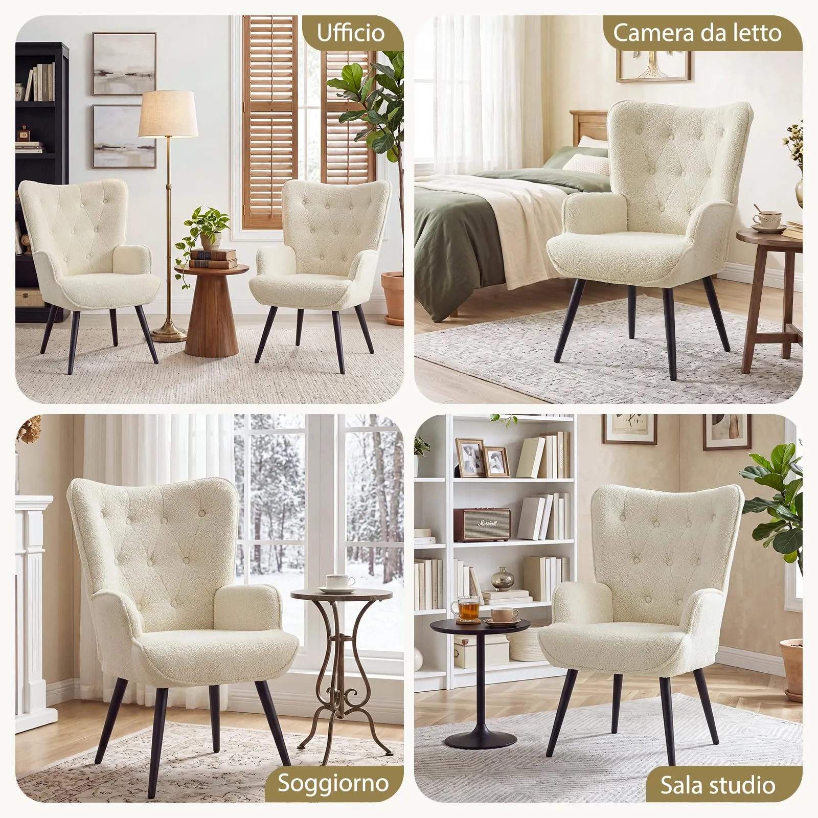 Ckaff Poltrona Salotto Imbottita Scandinava in Sherpa Bouclé con Braccioli e Schienale Alto, Bianco - immagine 3