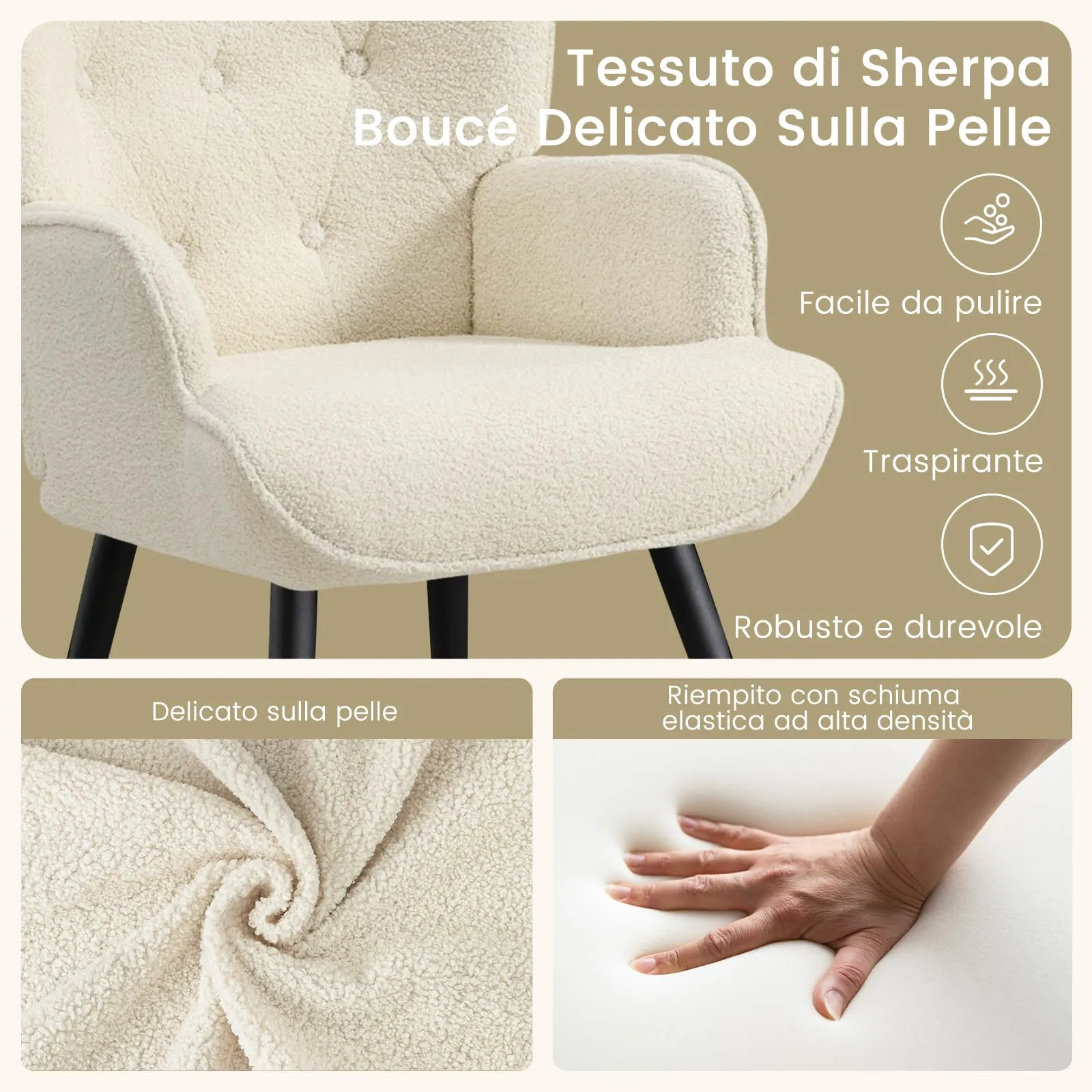 Ckaff Poltrona Salotto Imbottita Scandinava in Sherpa Bouclé con Braccioli e Schienale Alto, Bianco - immagine 5