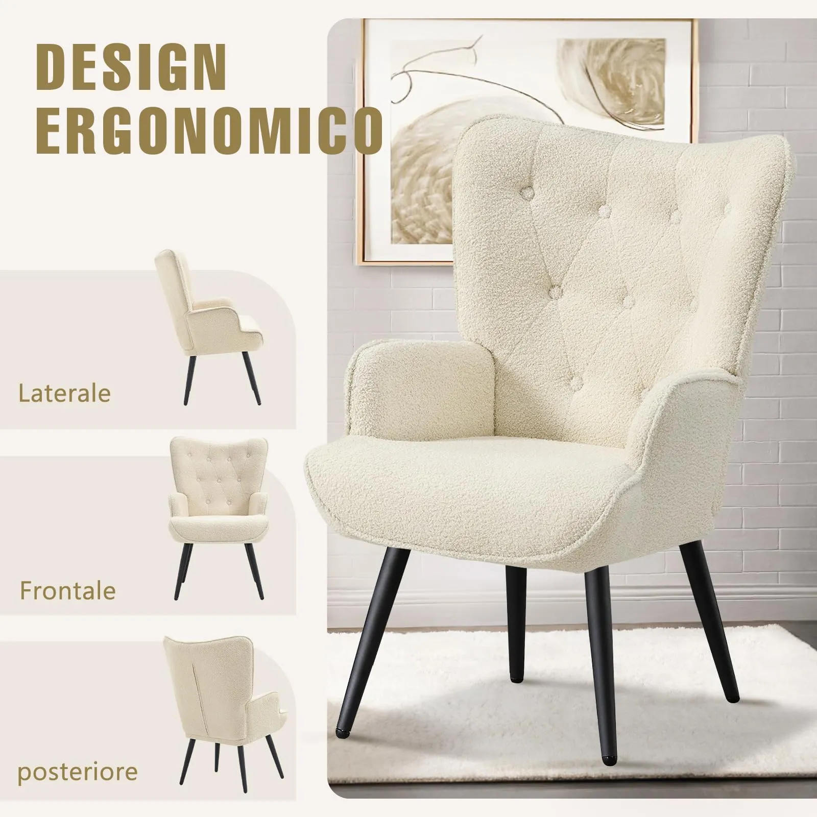 Ckaff Poltrona Salotto Imbottita Scandinava in Sherpa Bouclé con Braccioli e Schienale Alto, Bianco - immagine 6