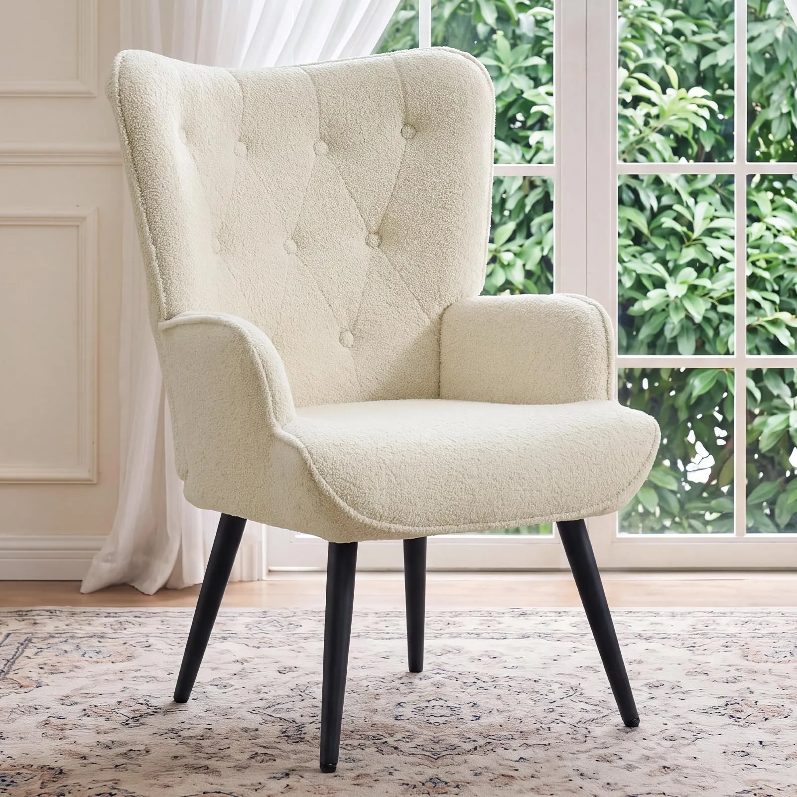 Ckaff Poltrona Salotto Imbottita Scandinava in Sherpa Bouclé con Braccioli e Schienale Alto, Bianco - immagine 8